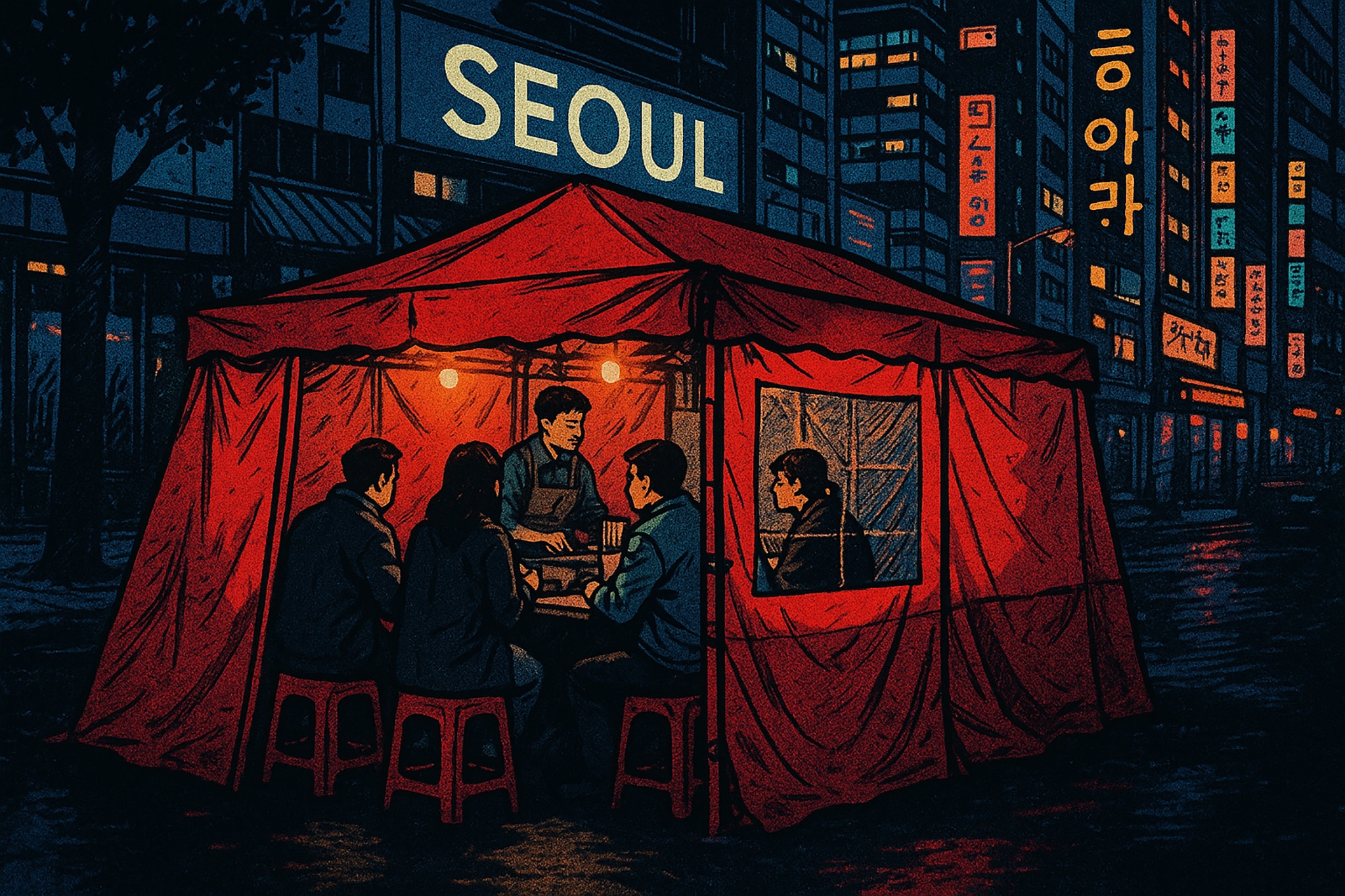 Illustration of a night scene in Seoul with a red tent-like structure and people eating. Neon signs in Korean are visible.