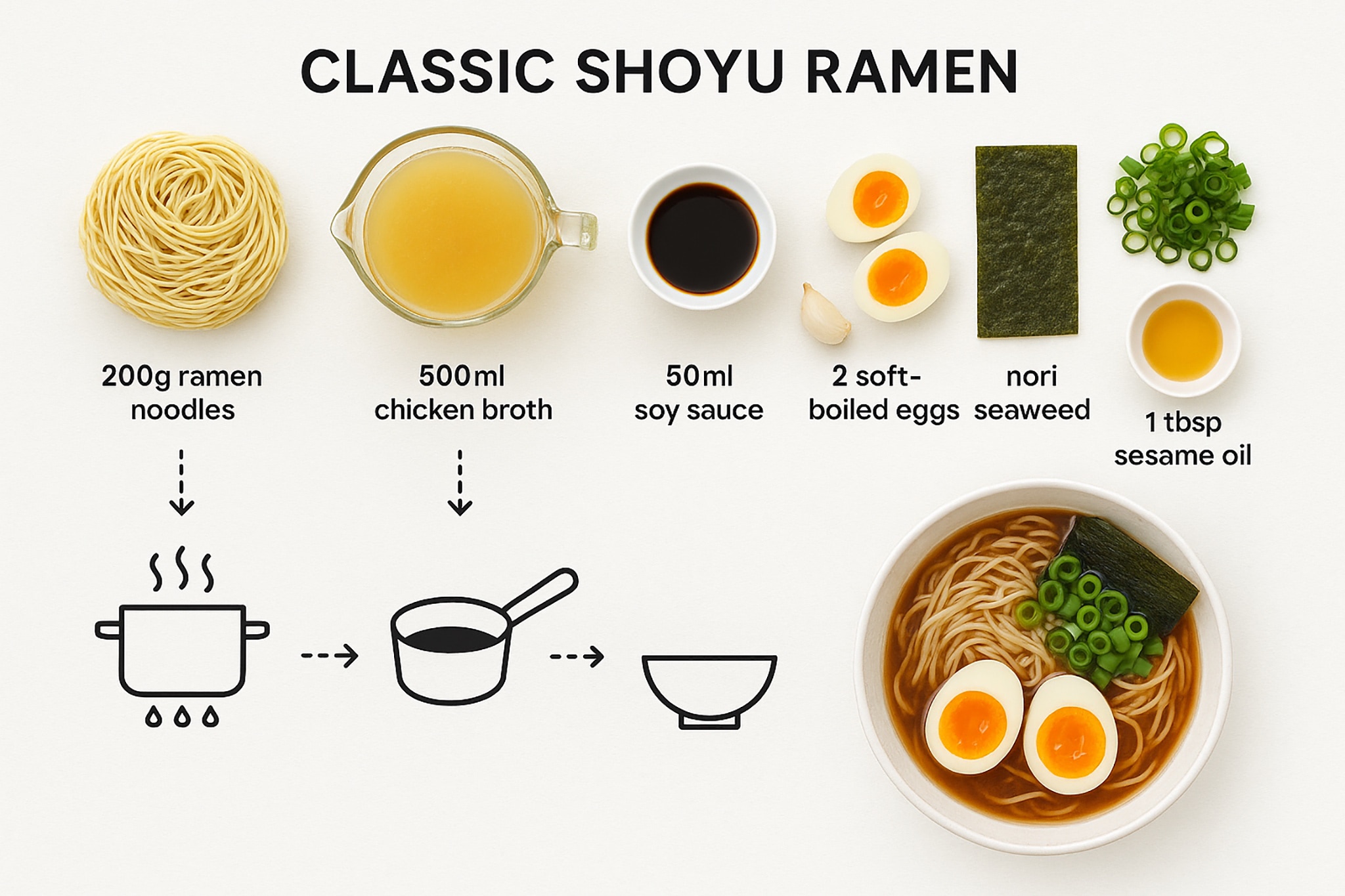 Classic shoyu ramen ingredients and preparation instructions.