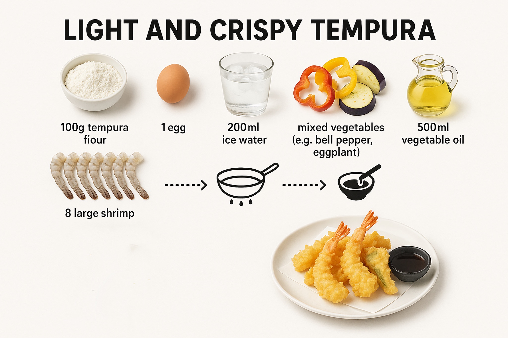 Tempura recipe ingredients and finished dish.