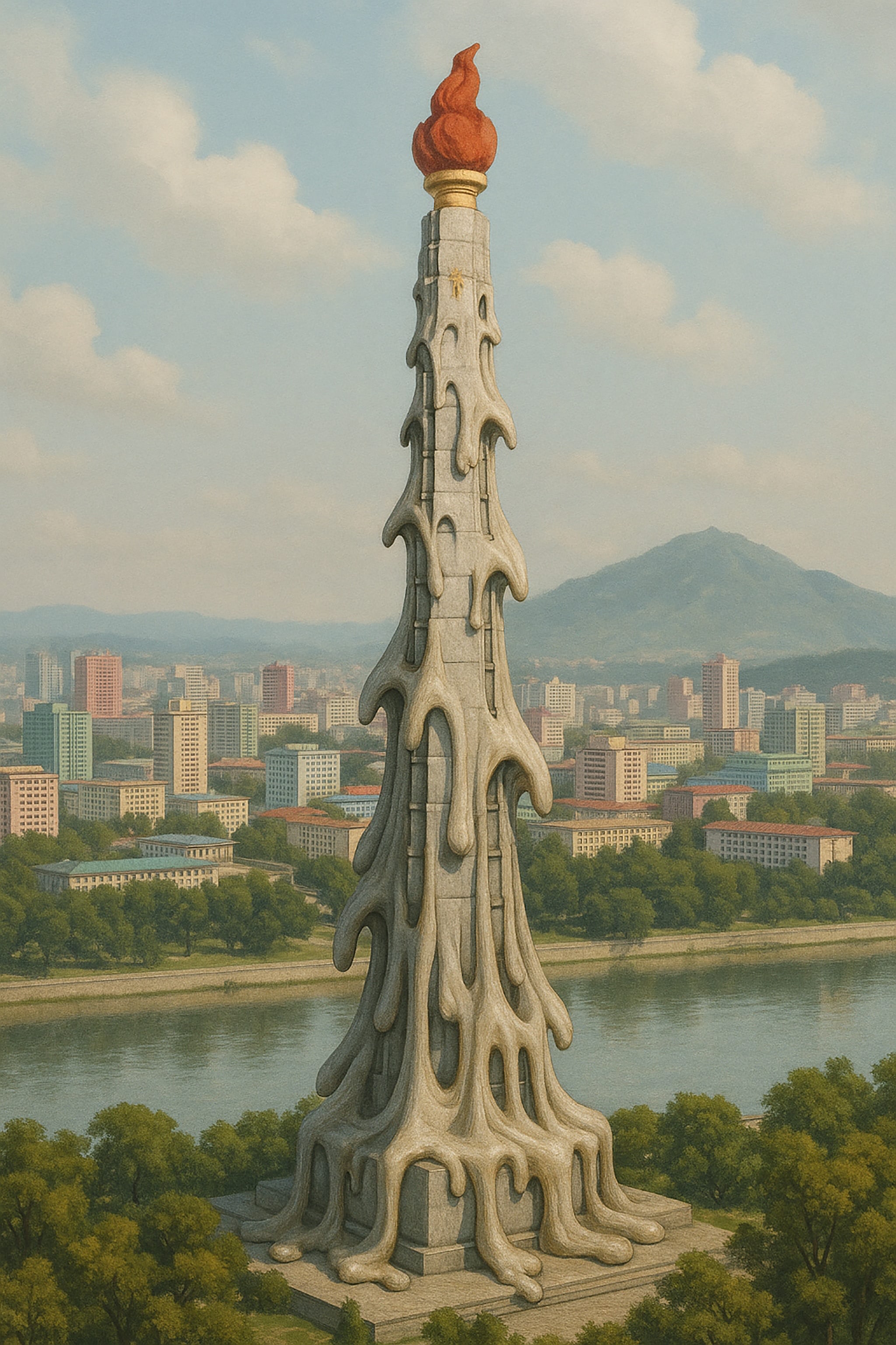 Monument featuring a stone tower capped with a red flame, overlooking a cityscape.