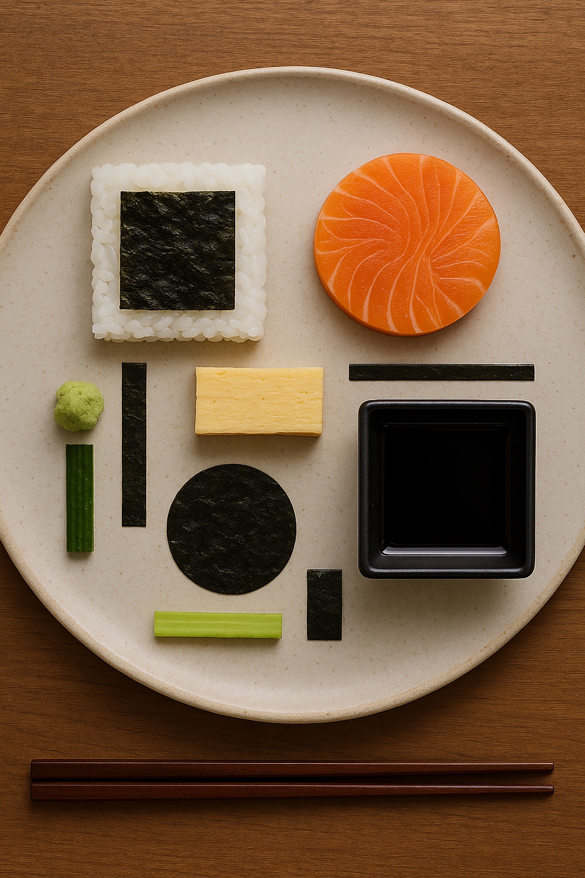 Sushi ingredients arranged geometrically on a plate with chopsticks.