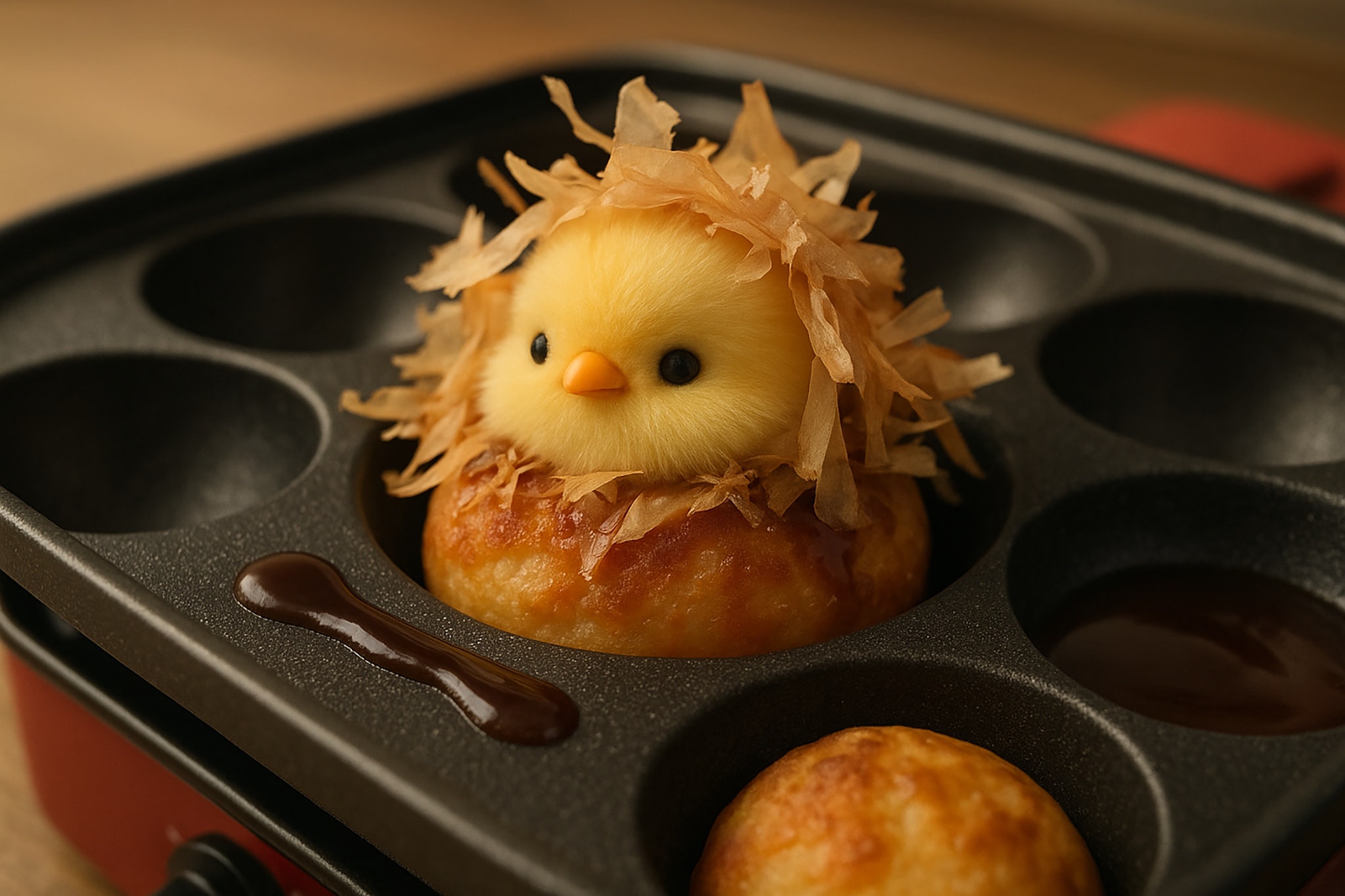 Close-up of a takoyaki dish with a chick decoration made of fluffy yellow dough and dried seaweed flakes. The dish is in a black pan.