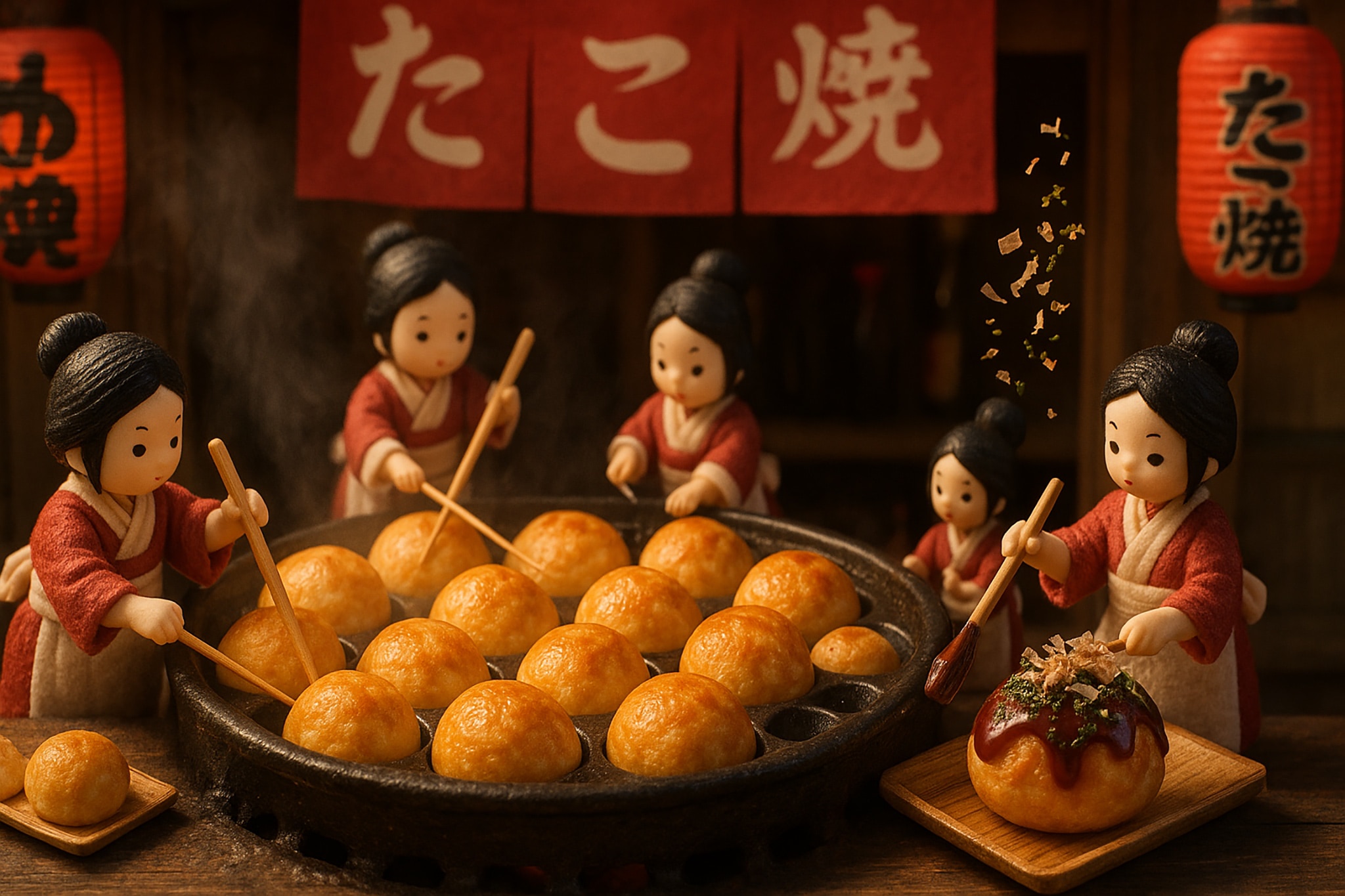 Miniature takoyaki stall with dolls cooking.