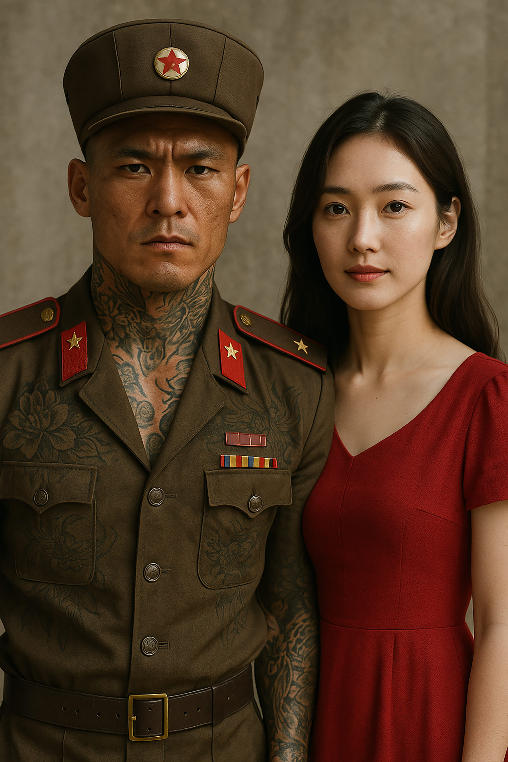 A stern-faced man in military uniform with tattoos stands beside a woman in a red dress.