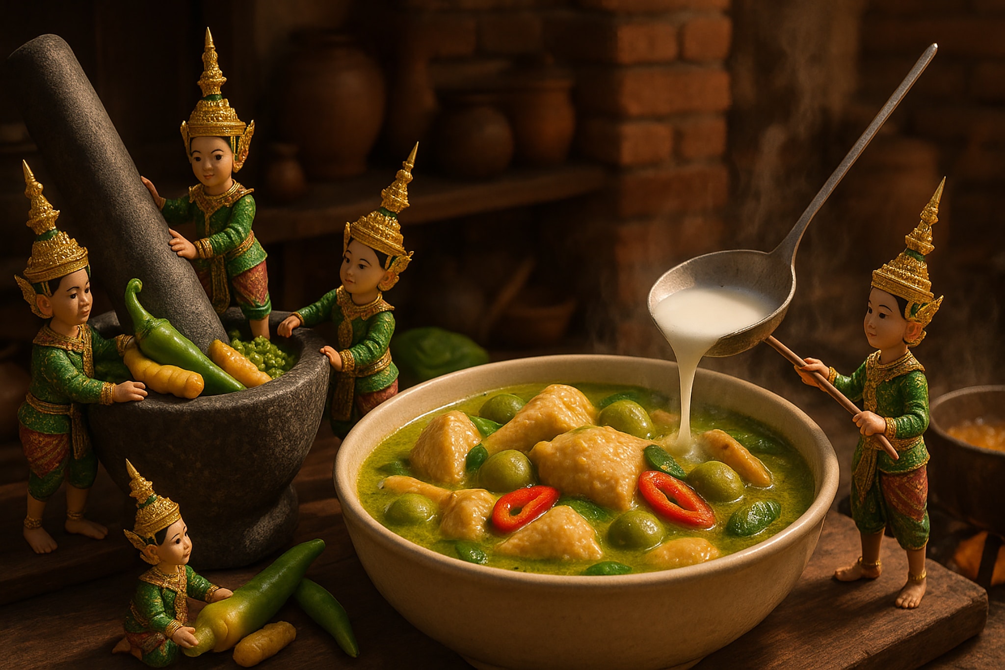 Miniature figurines prepare Thai green curry, using a mortar and pestle, with one figure pouring in coconut milk.