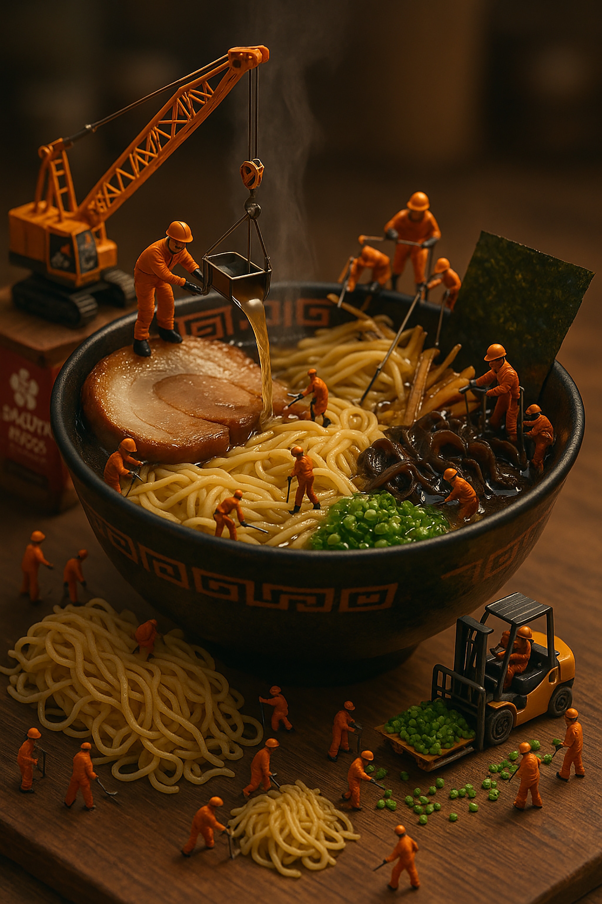 Miniature construction workers 'building' a ramen bowl, using toy construction equipment.