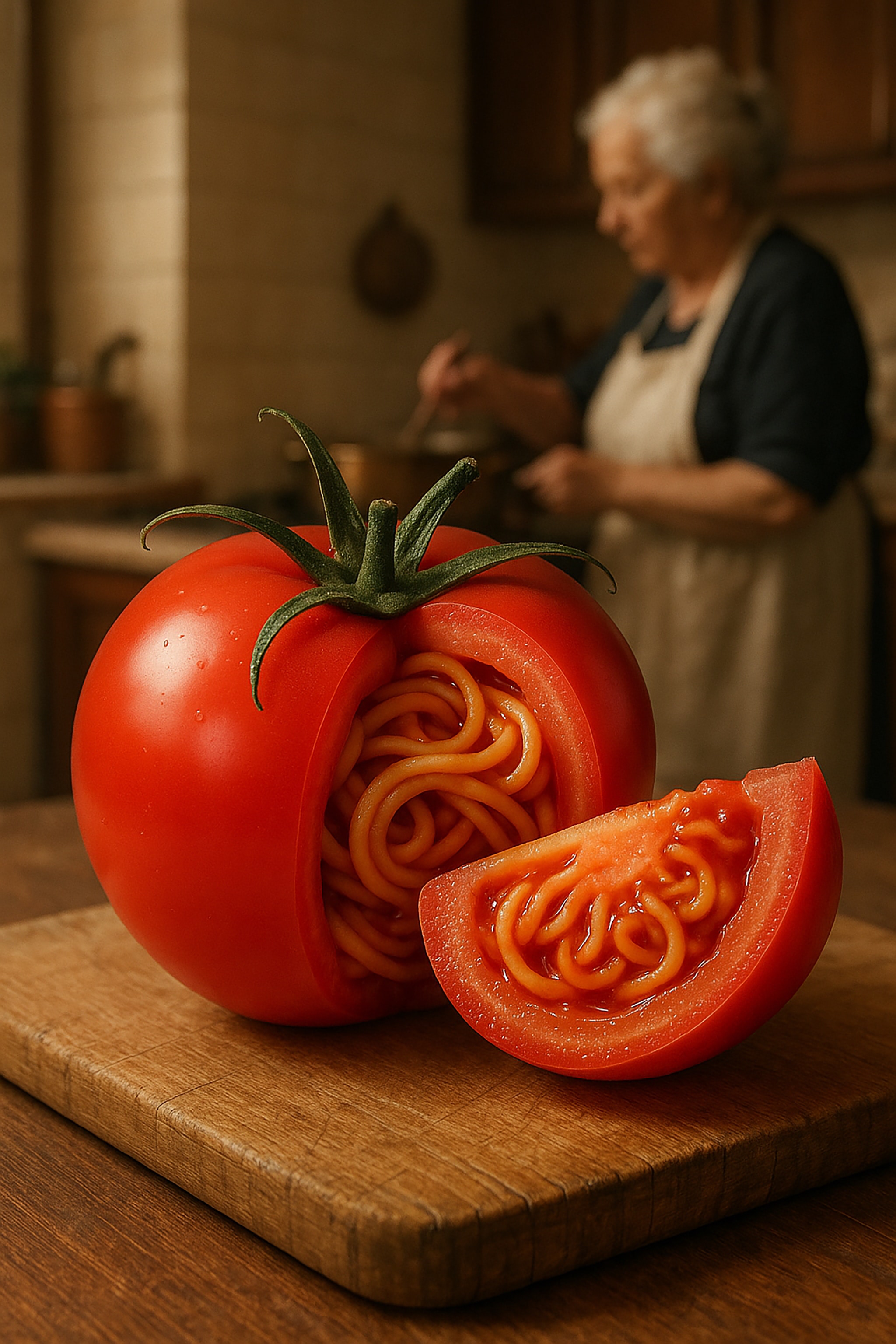 A tomato cut open to reveal spaghetti, a slice of tomato rests beside it. A woman cooking in the background.