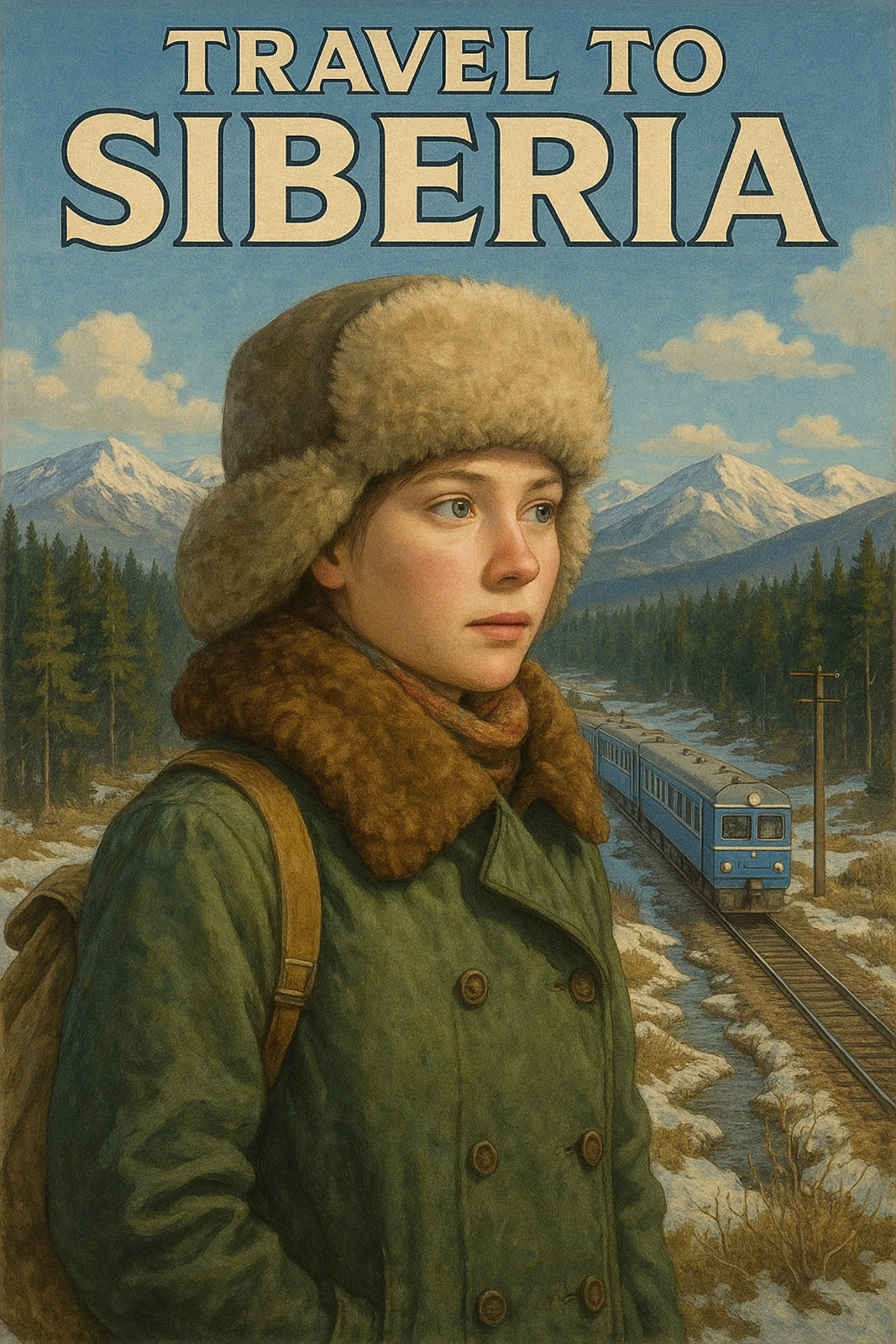 Travel to Siberia poster featuring a young woman in winter clothing with mountains and a train in the background.