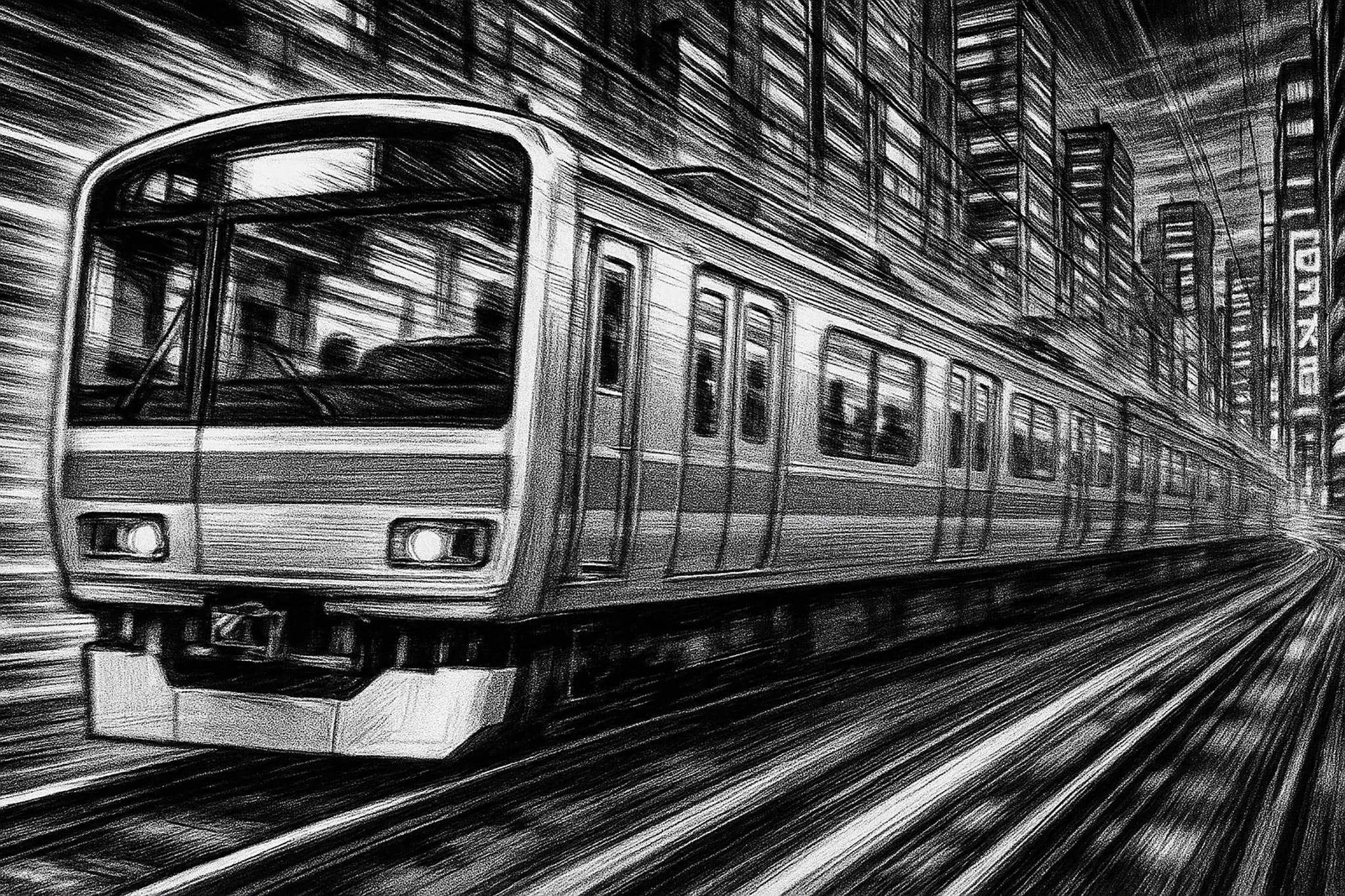 Black and white drawing of a speeding train in a city. The train is in the foreground, and buildings blur in the background.
