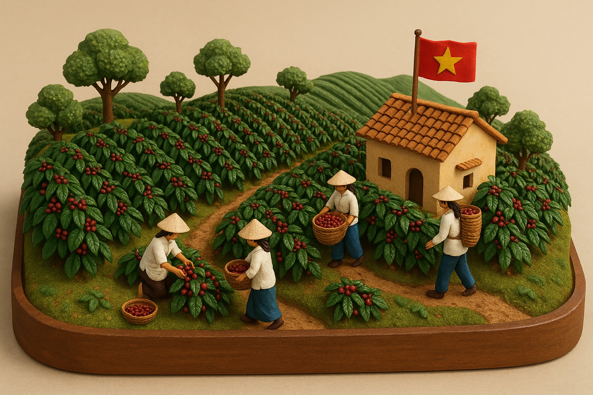 Miniature scene of a coffee farm with workers harvesting. A small house and Vietnamese flag are present. Coffee plants with red beans are shown.