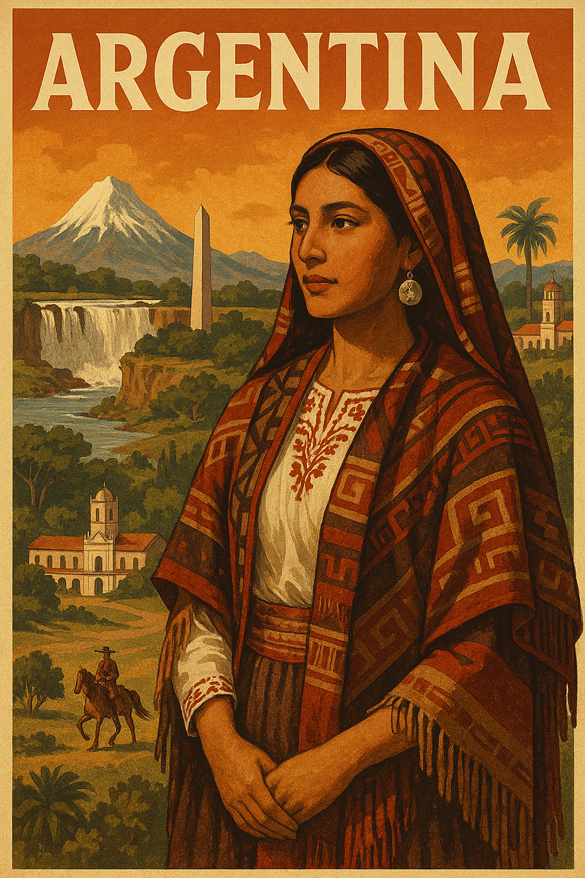 Vintage travel poster for Argentina with a woman in traditional dress, landscape with waterfalls, mountains and buildings.