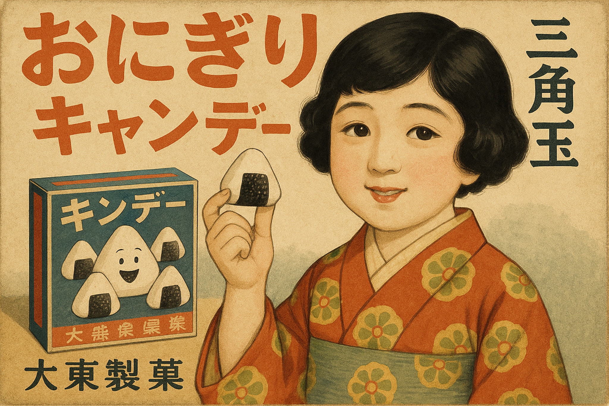 Vintage Japanese advertisement for onigiri candy featuring a smiling girl in a kimono holding an onigiri.