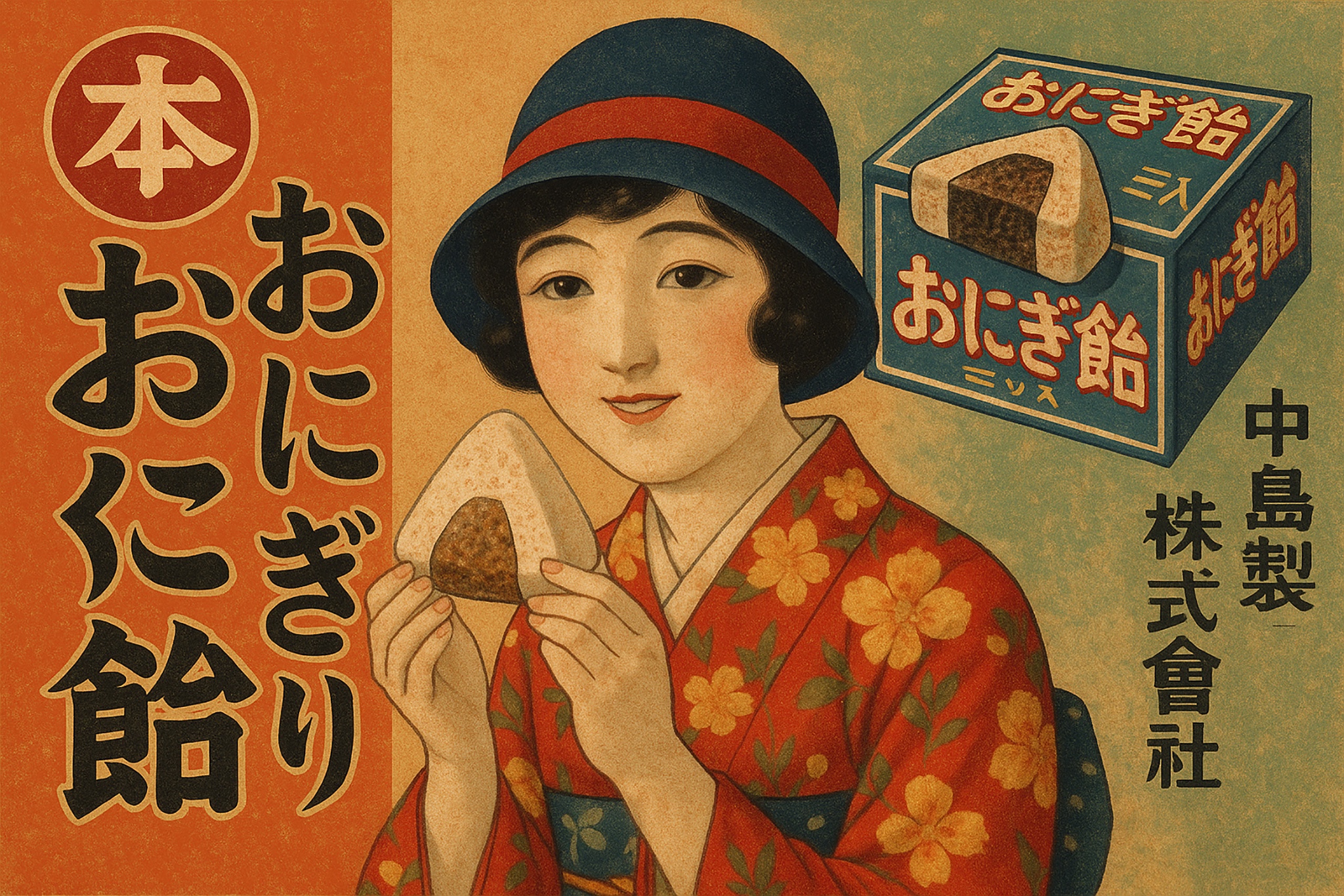 Vintage Japanese poster featuring a woman holding an onigiri, with a box of onigiri.