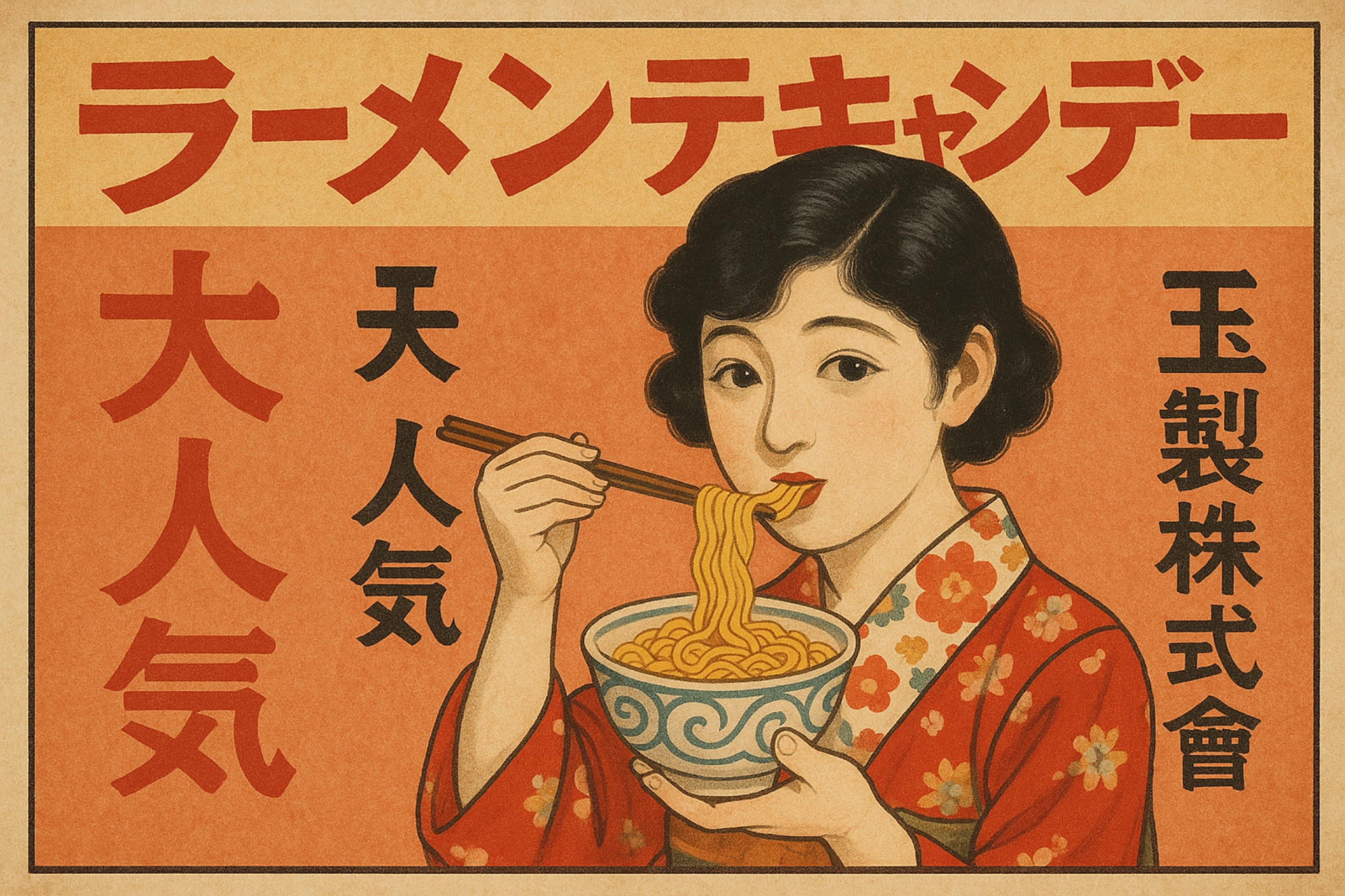 Vintage advertisement of a woman in a kimono eating noodles.