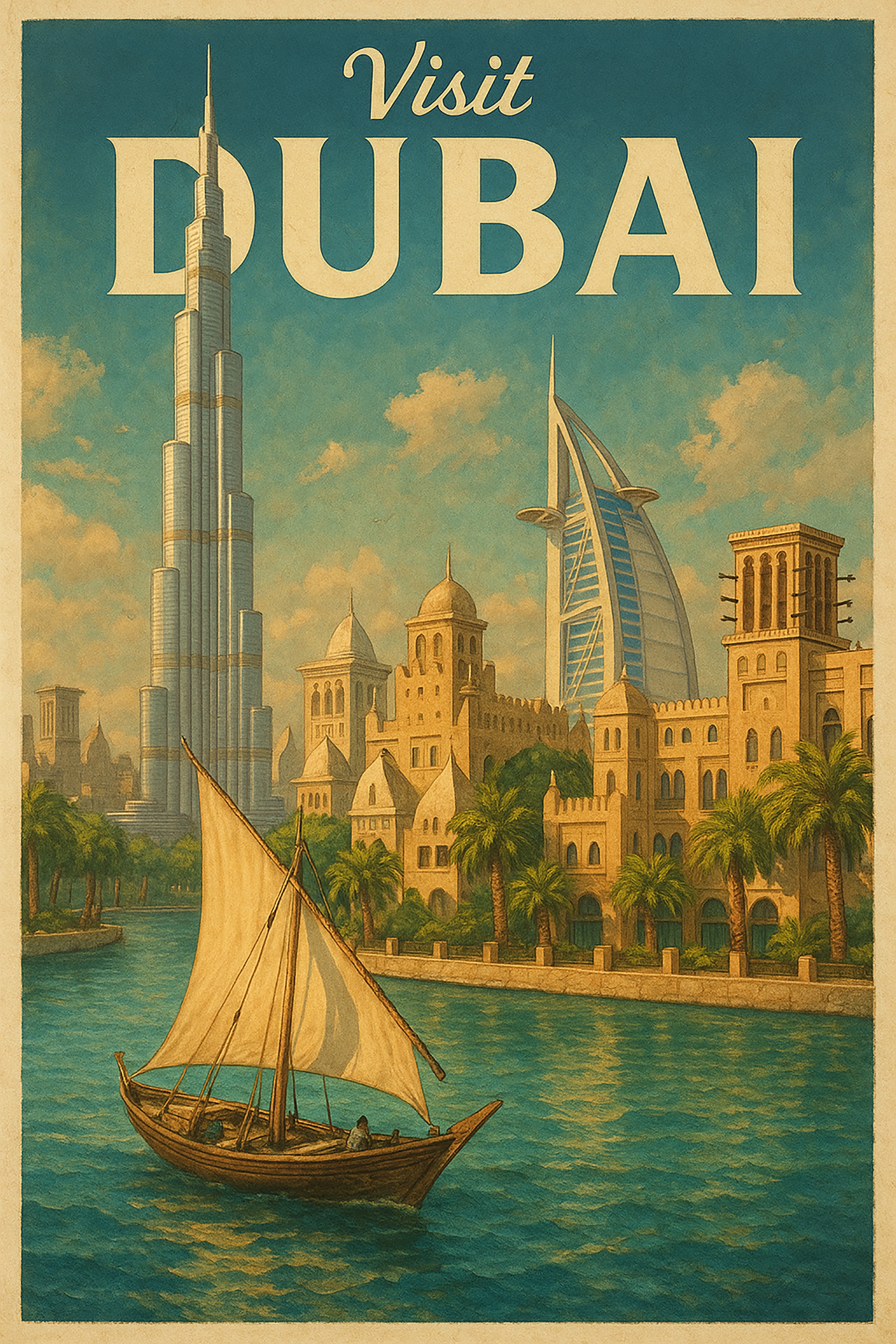 Vintage travel poster featuring the Dubai skyline and a sailboat on the water, with the words 'Visit Dubai'.