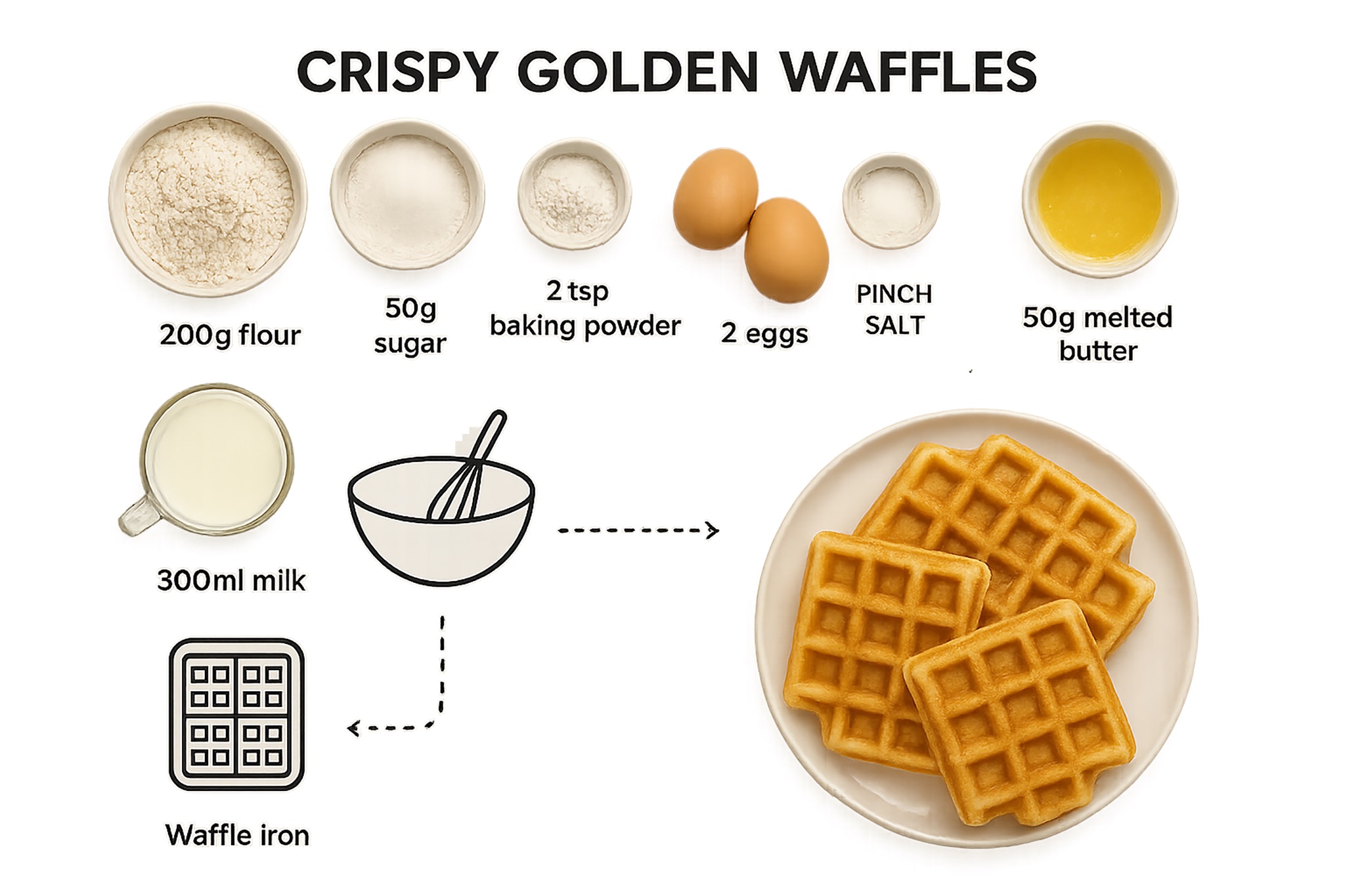 Ingredients and instructions to make waffles.