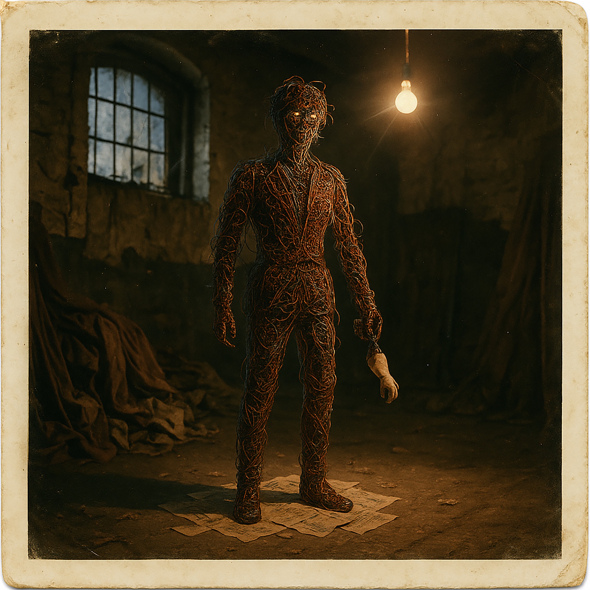 A human-shaped figure made of red wire stands in a dim room, holding a hand. Glowing eyes, lightbulb, papers on ground.