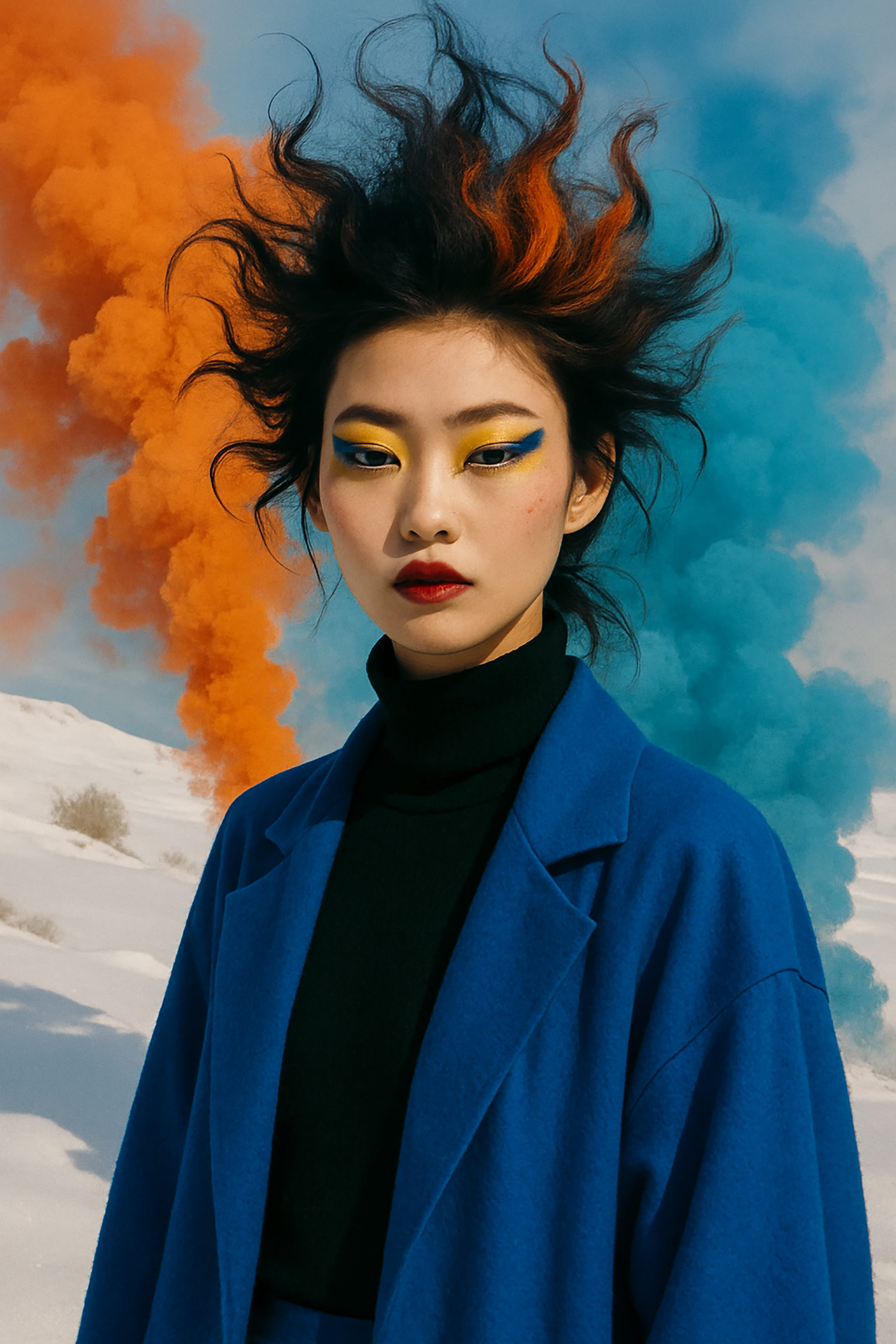 A woman with vibrant makeup and a blue coat is surrounded by colorful smoke. Background features a snow-covered hill.