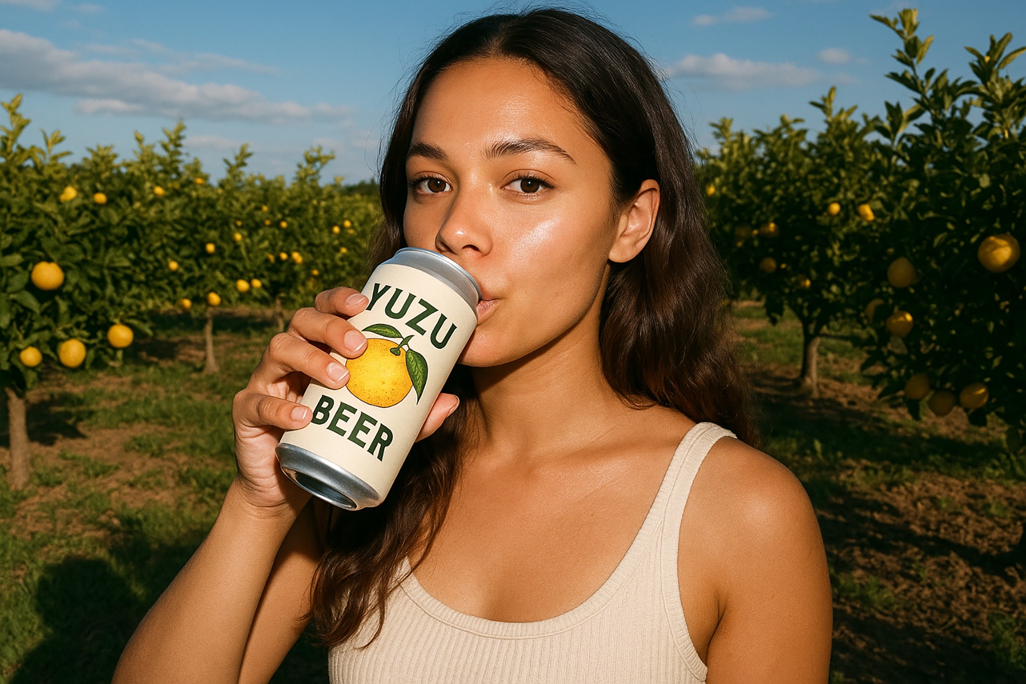 A woman drinking from a can of beer with a lemon illustration, in an orchard with fruit trees.