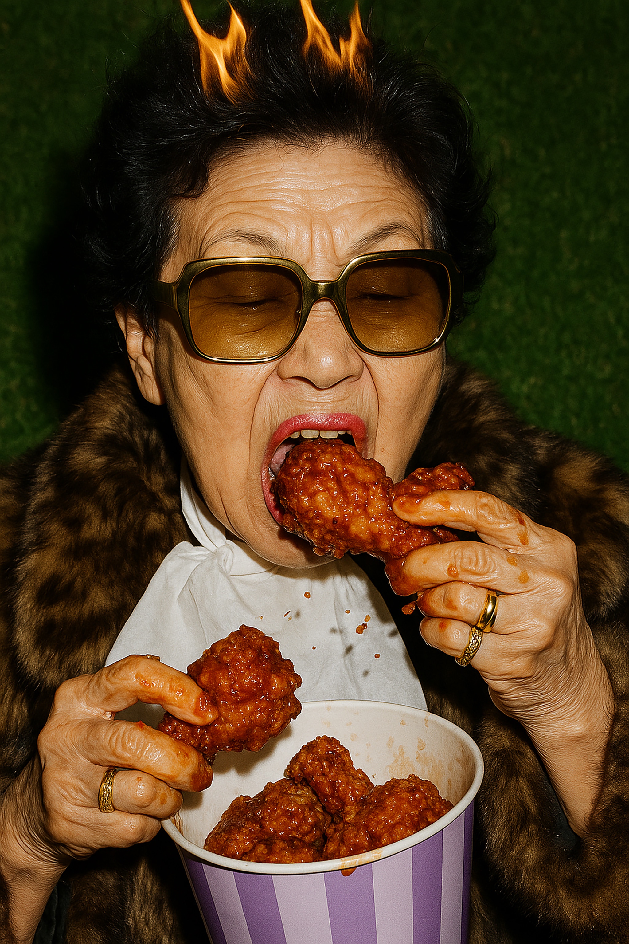 An elderly woman eating fried chicken, with flames on her hair and wearing large sunglasses. She is covered in sauce.