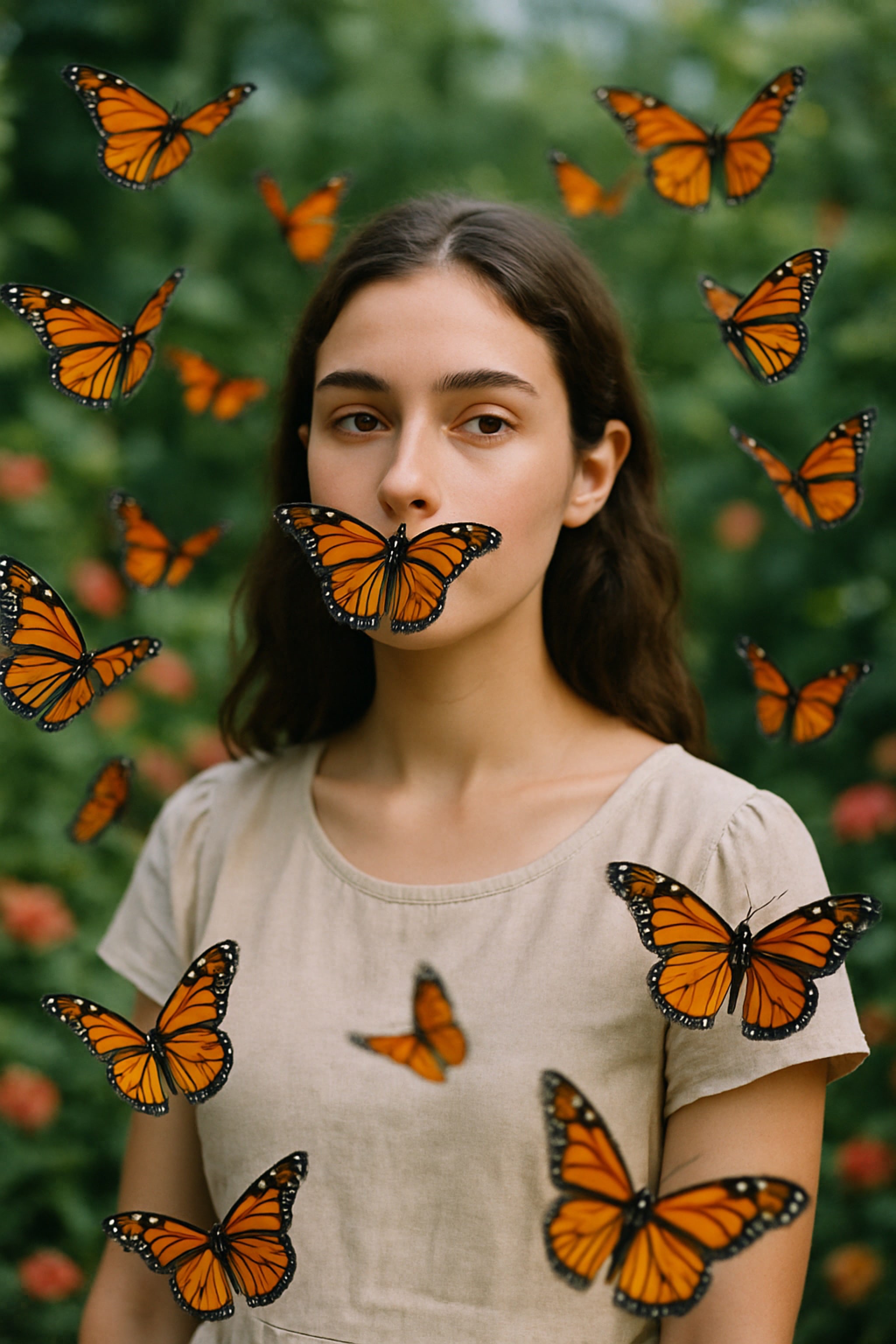 A woman with long brown hair, wearing a neutral-colored top, has a butterfly on her mouth and is surrounded by other butterflies.