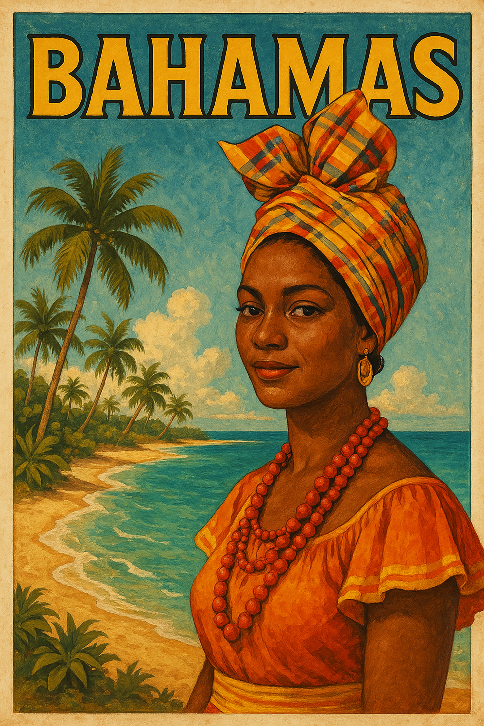 A vintage travel poster for the Bahamas featuring a woman with a headwrap, necklace, and the beach. 'Bahamas' is at the top.