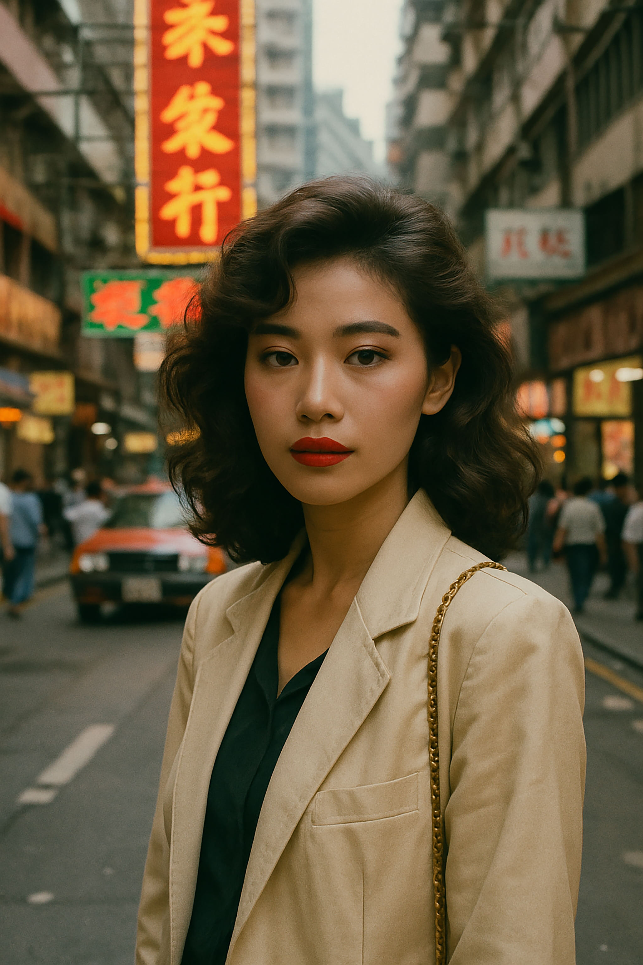 A woman with red lipstick and a beige blazer stands on a street in Hong Kong. Traditional Chinese signs are in the background.