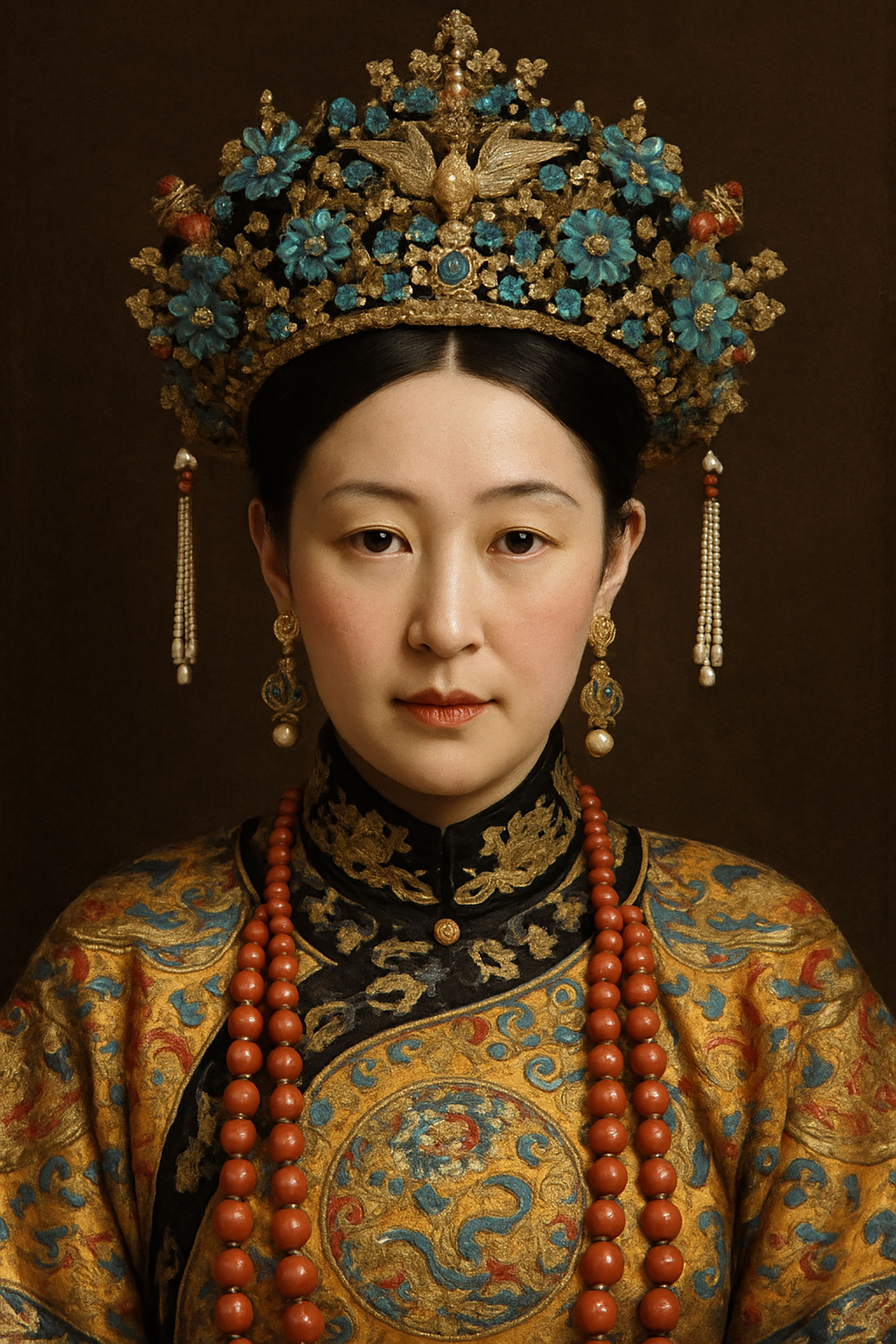 Woman in traditional Chinese attire, ornate gold and blue headdress, elaborate embroidered clothing, red beads, and pearl earrings.