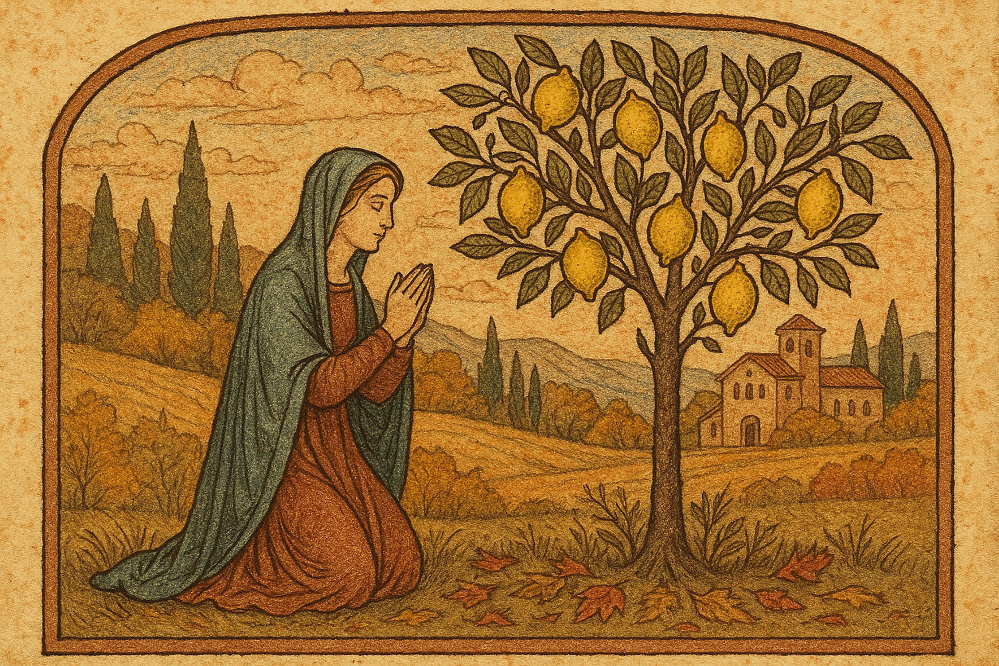 Illustration of a woman kneeling in prayer beside a lemon tree, Tuscan landscape in background.