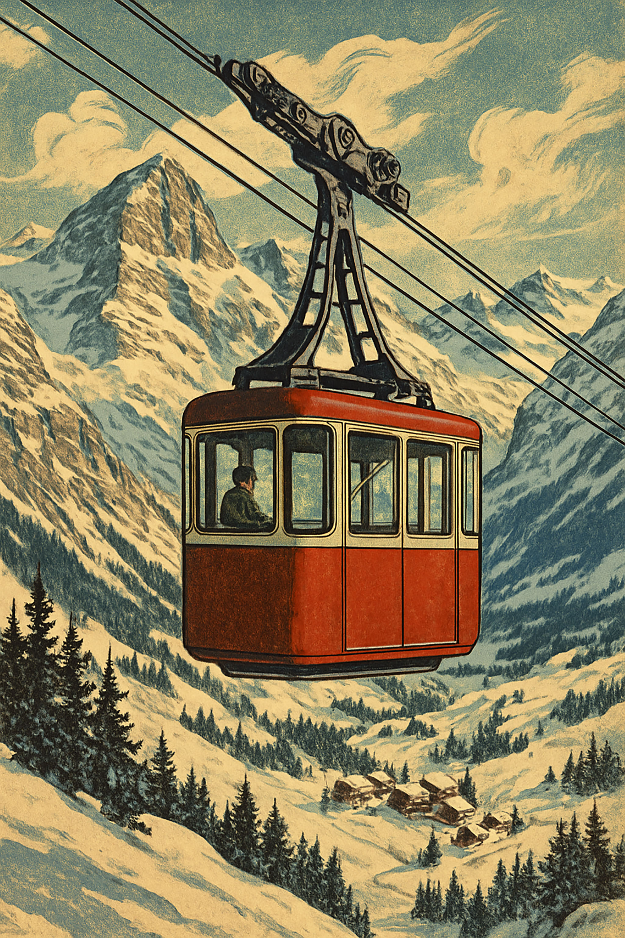 Vintage illustration of cable car in snowy mountains, cabin with passenger.