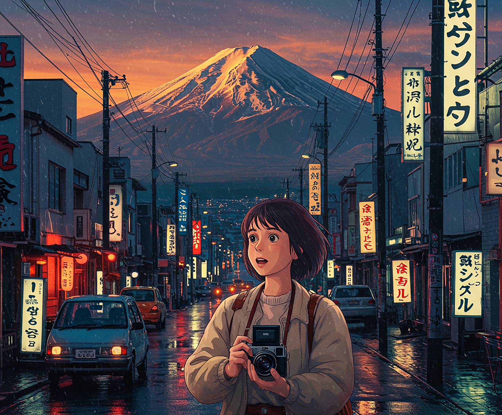 Anime girl with camera in a rainy Japanese street with Mount Fuji in the background. Neon signs and vehicles.