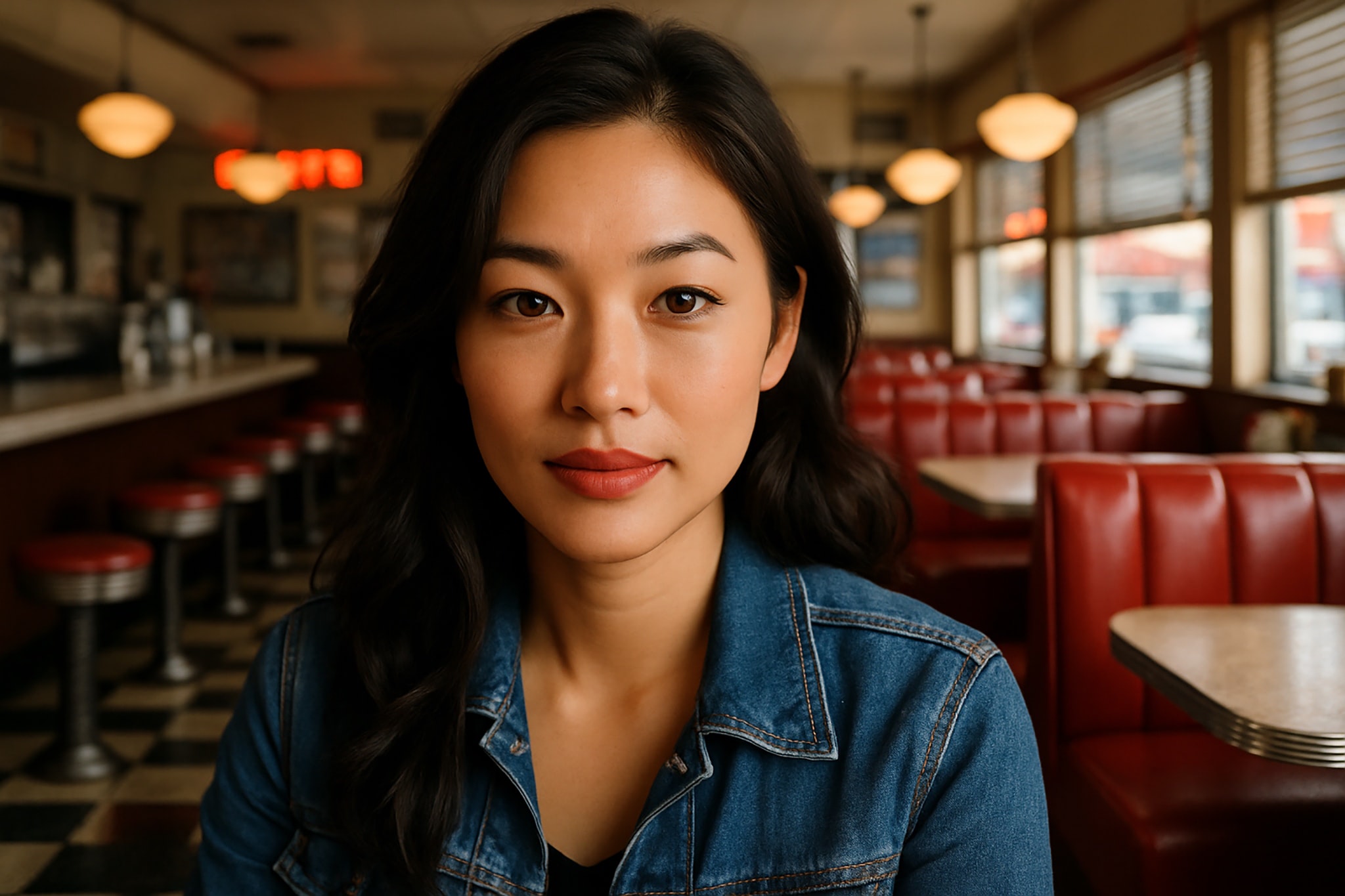 Asian woman in a denim jacket, portrait in a diner, looking directly at the viewer.
