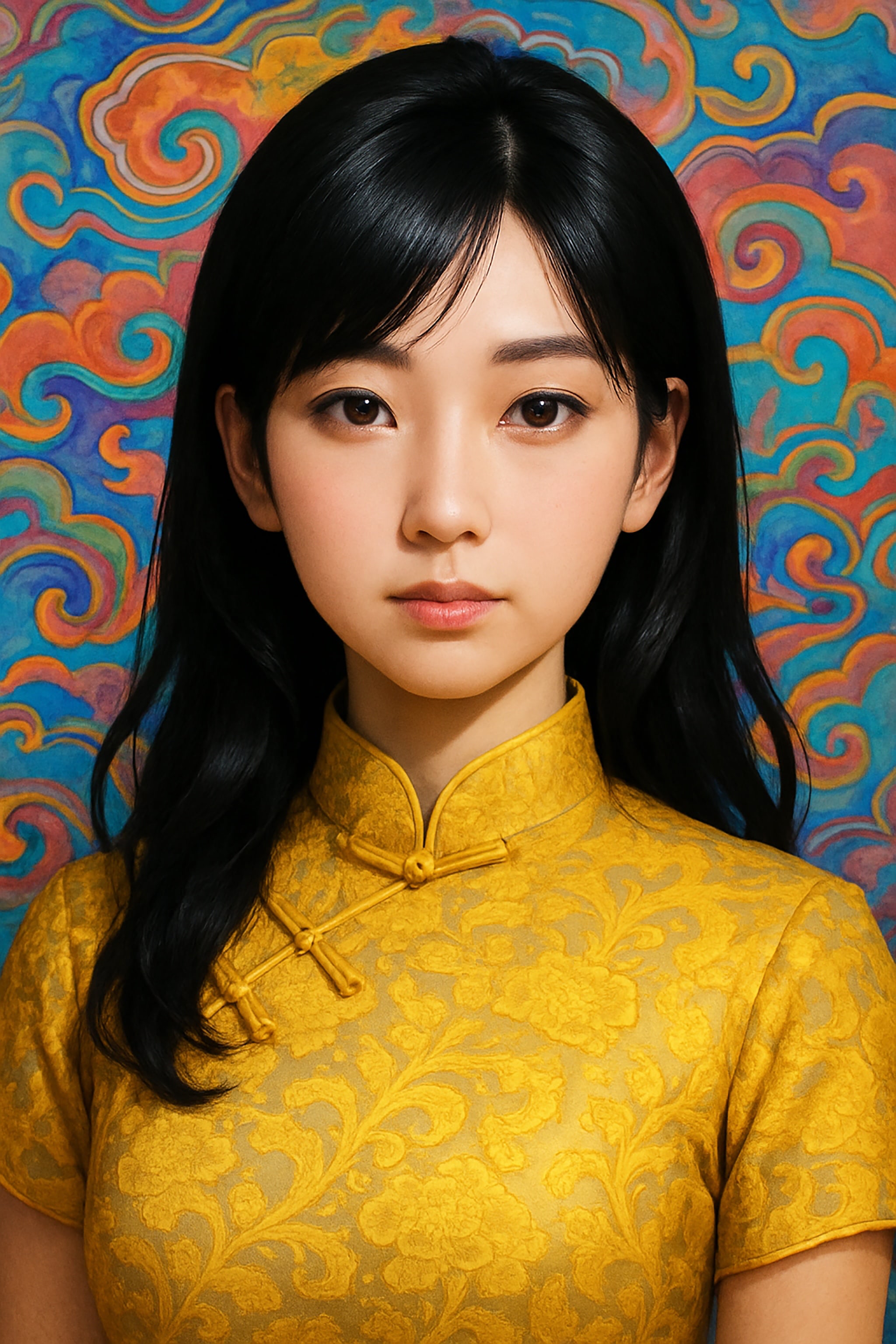 Asian woman in a yellow dress against a colorful swirled background.