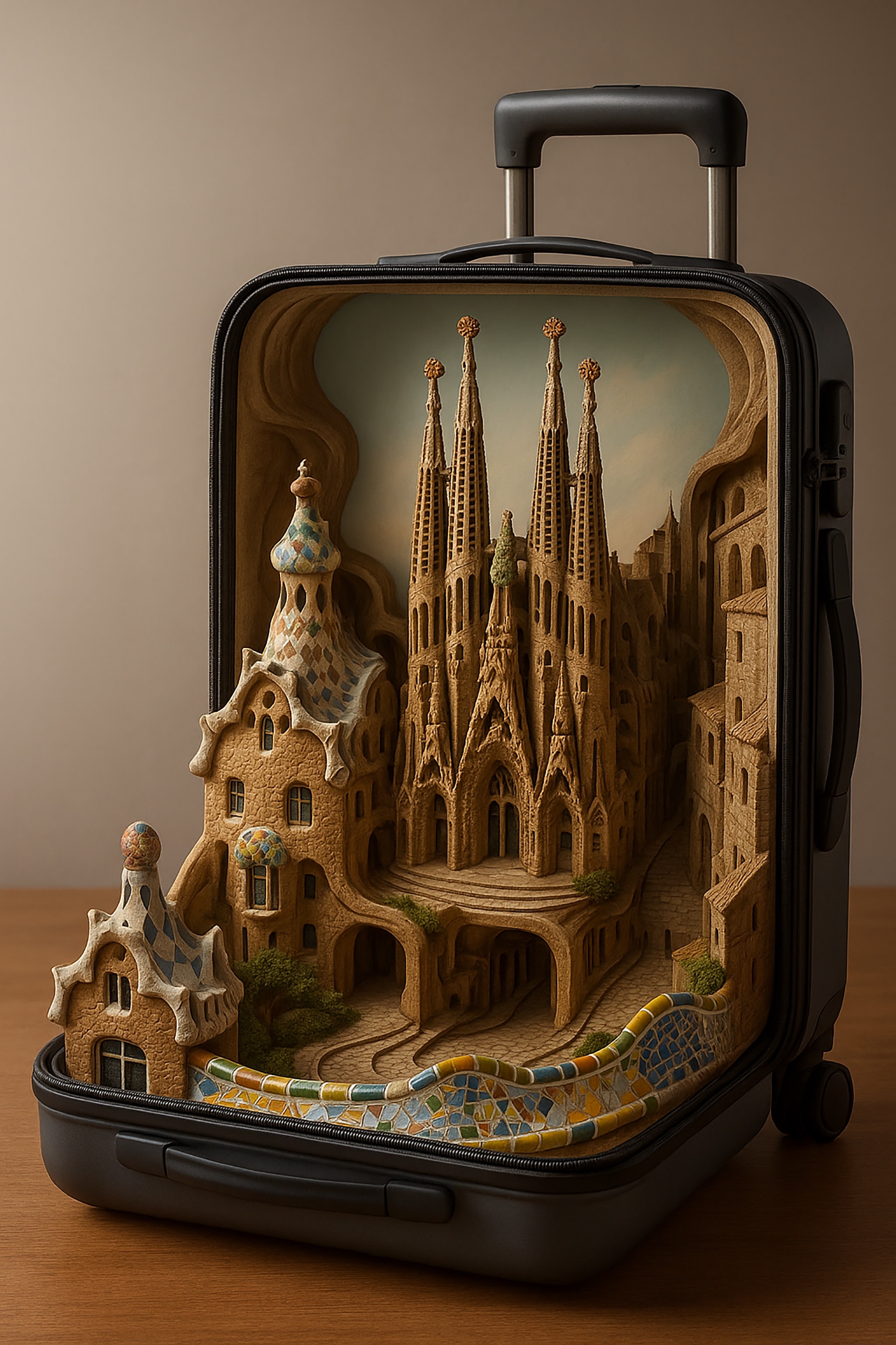 Miniature of a church and buildings within a suitcase, depicting a travel concept.