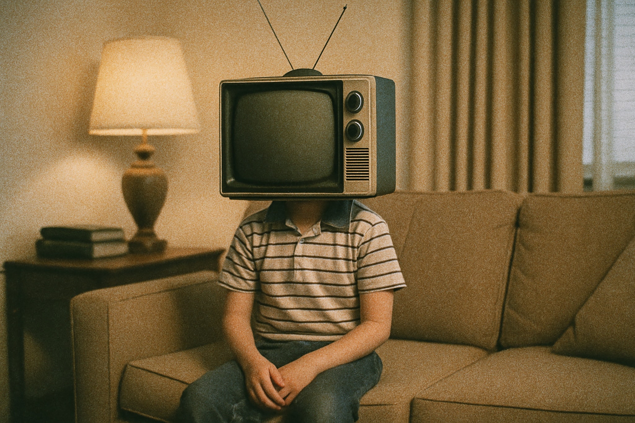 A child sits on a couch with a vintage television set for a head, in a living room.