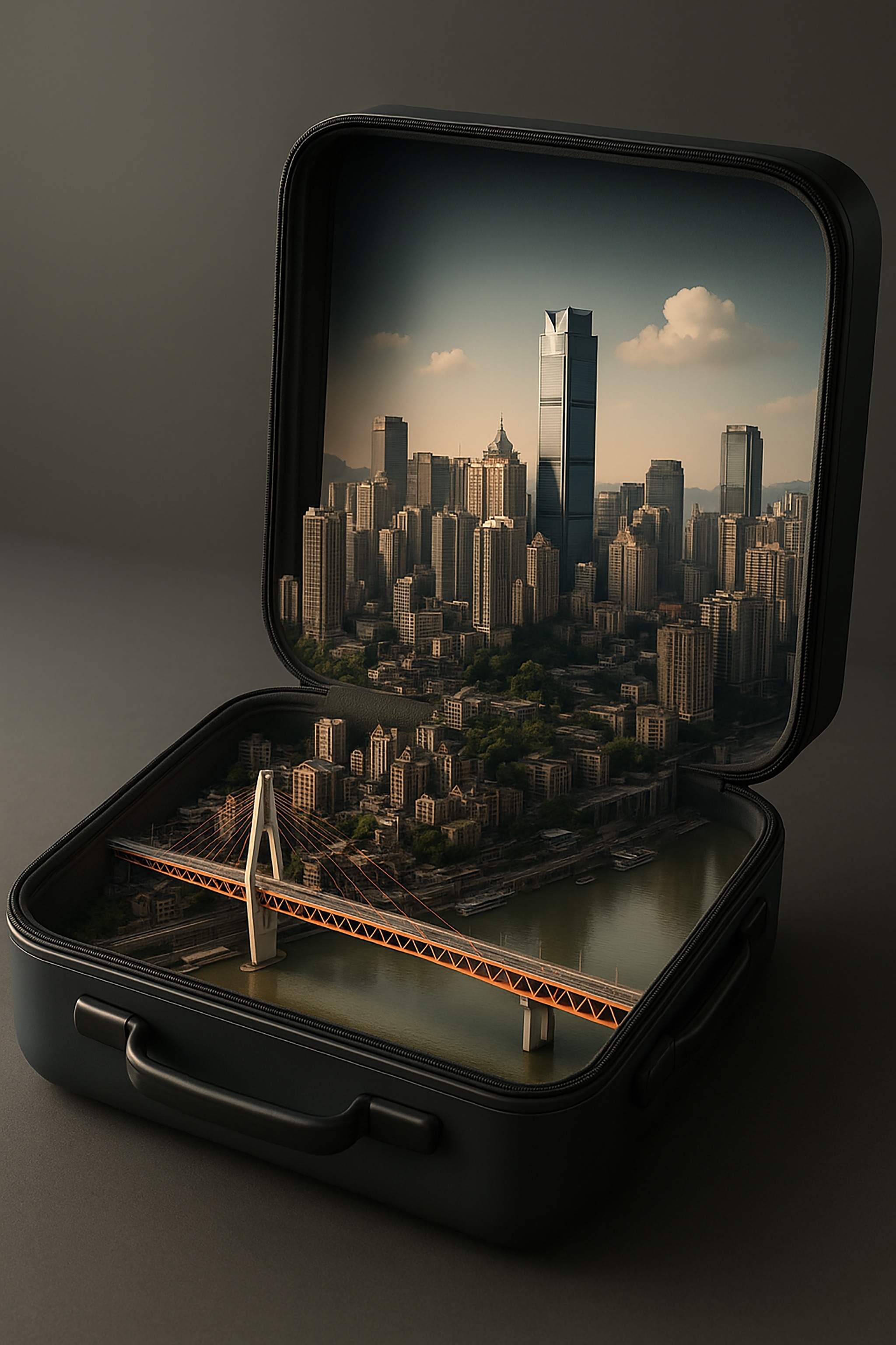 Open suitcase revealing a cityscape with bridge, river, and tall buildings.