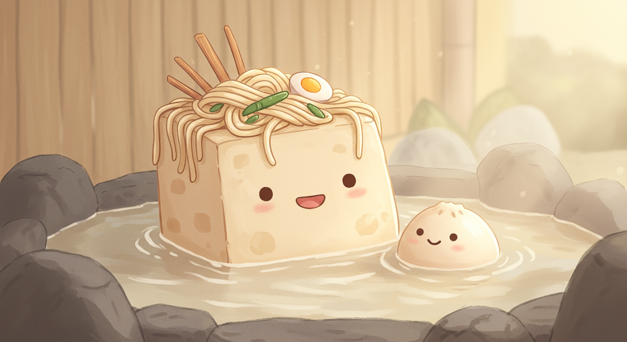 Cartoon tofu with noodles in a hot spring with a dumpling, smiling, in an onsen scene.