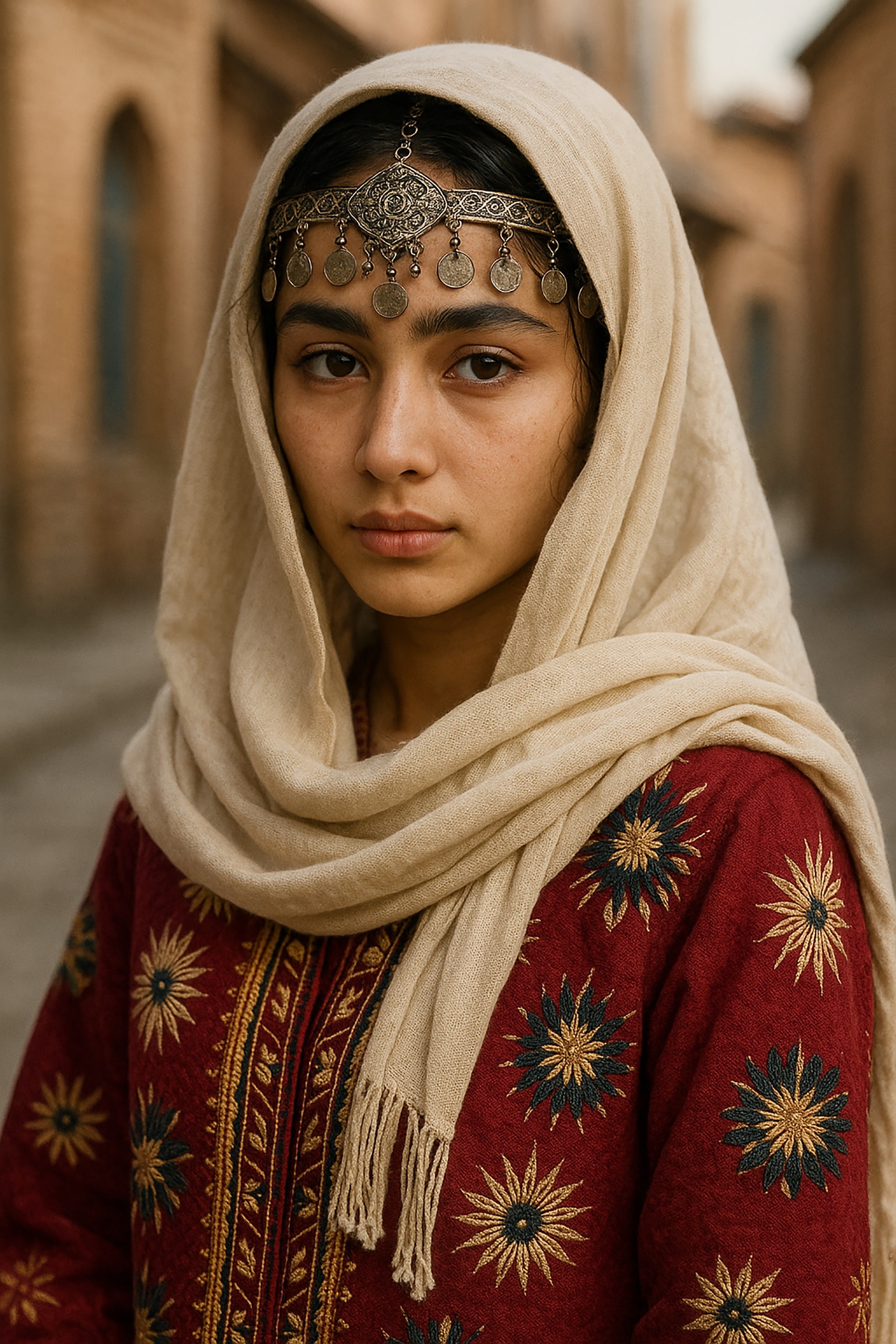 Woman with a headdress and scarf looking directly at the camera. She is wearing a red embroidered shirt.