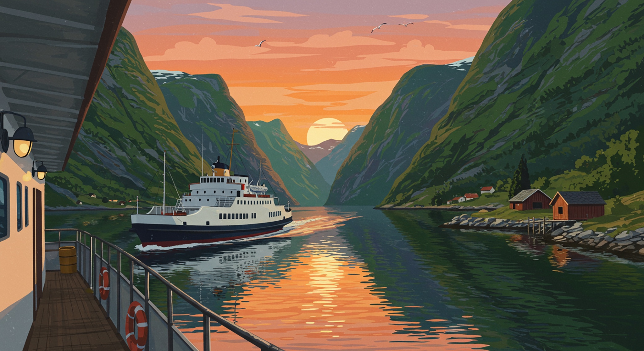 Illustration of a ferry sailing through a fjord at sunset, with mountains and small buildings along the shore.