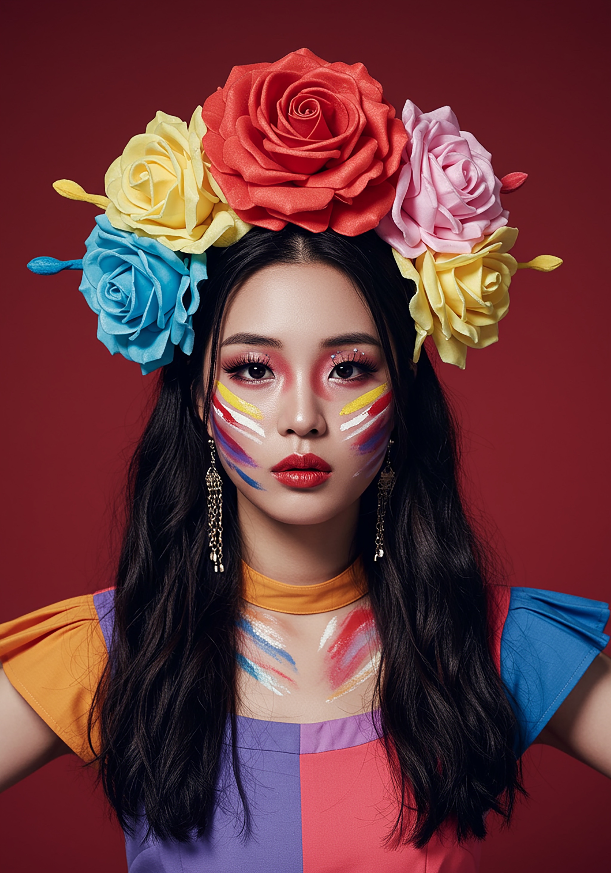 Woman with floral crown, artistic makeup, red lipstick, and colorful paint on face, wearing colorful top.
