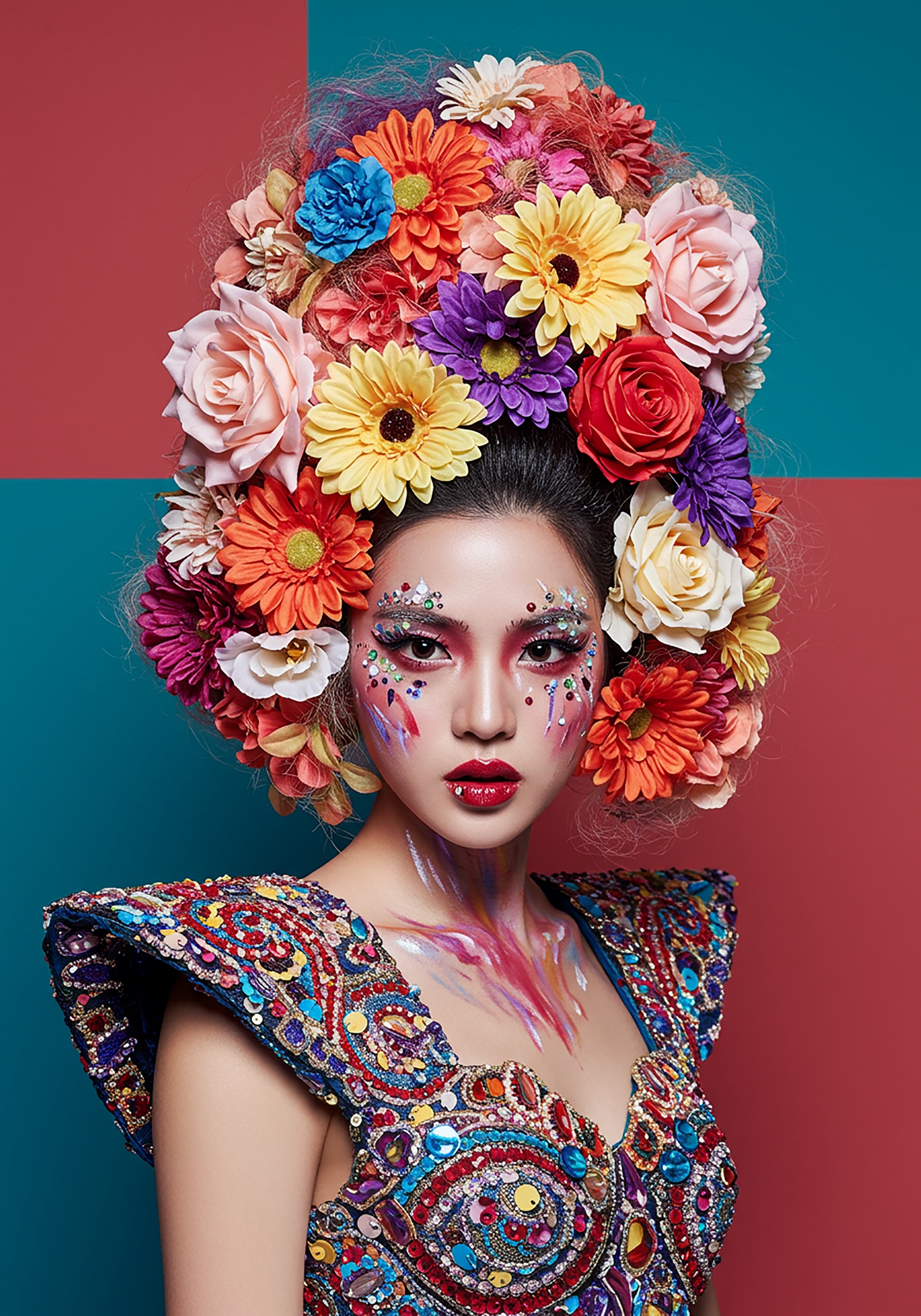 Portrait of woman with elaborate floral headdress and fantasy makeup.