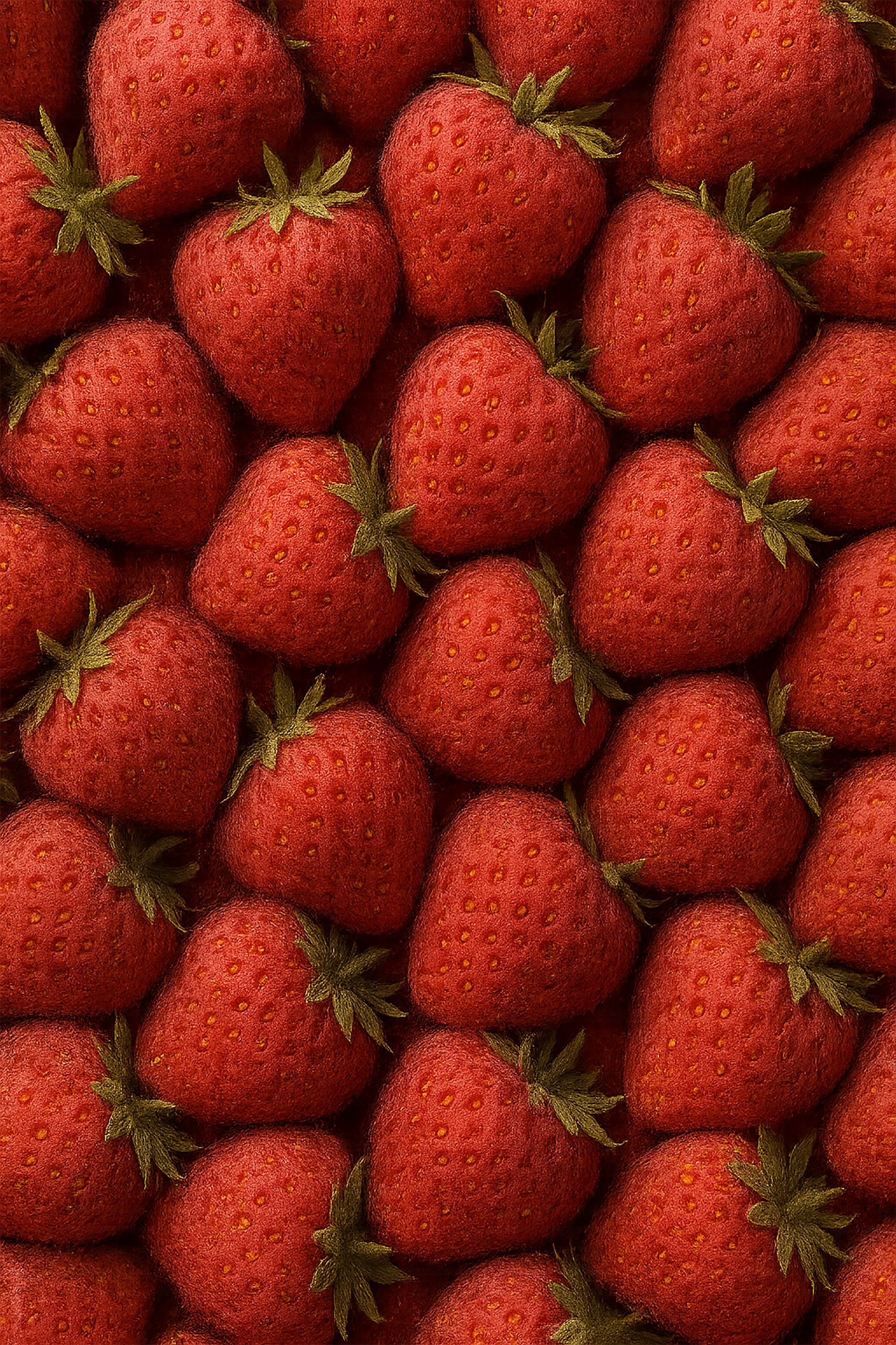 Close-up, overhead shot of a pattern of fresh red strawberries with green leafy stems.