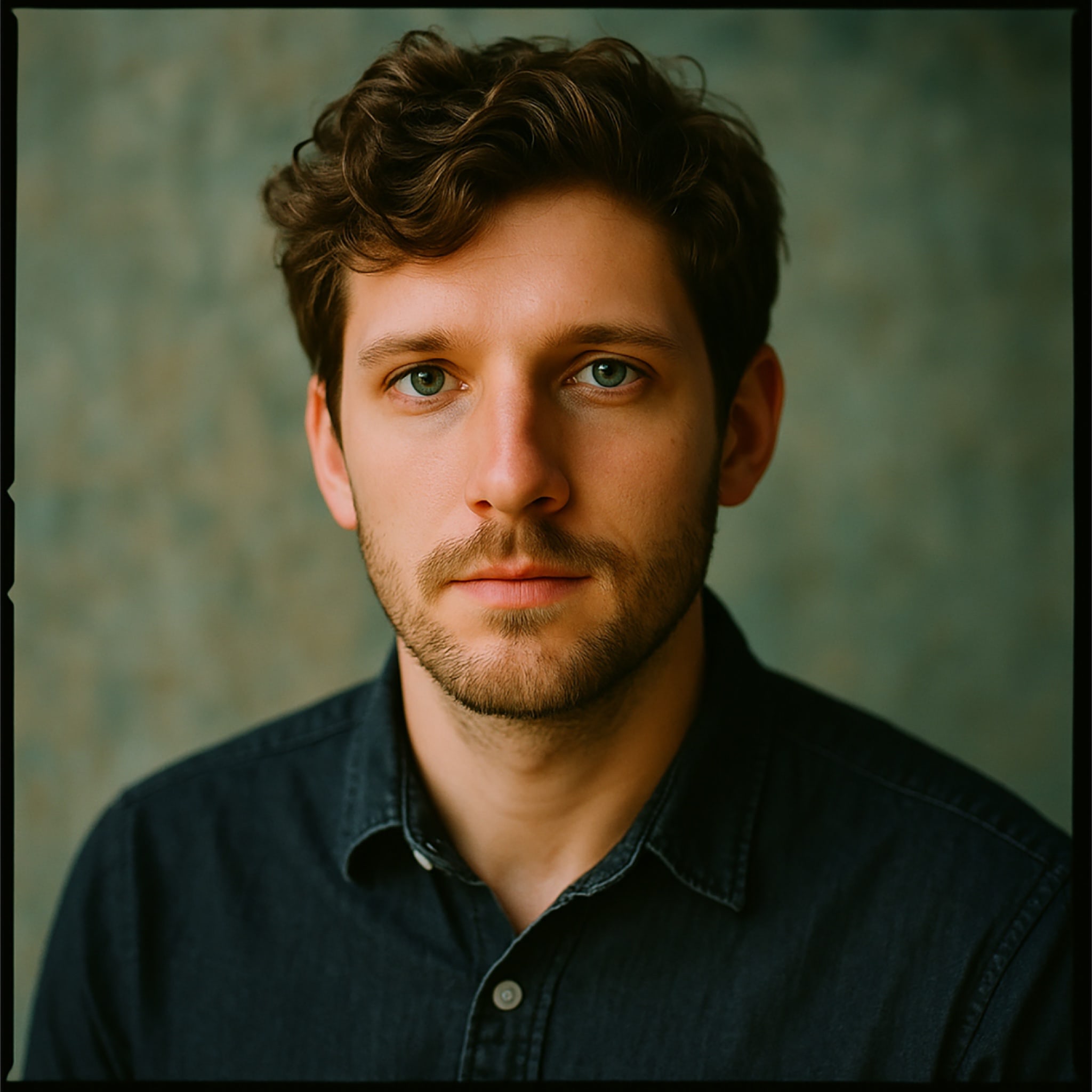 Portrait of a man with green eyes, short beard, and dark curly hair, wearing a dark shirt.