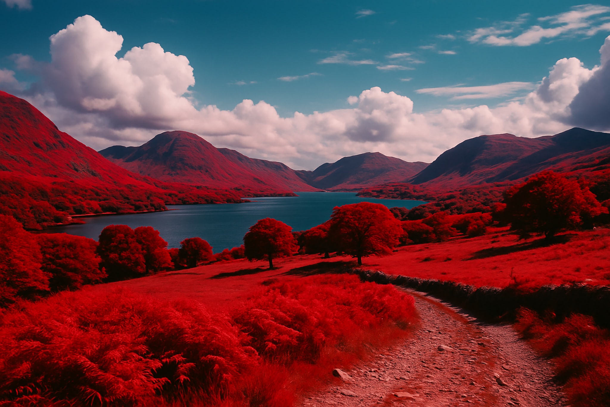Red mountains and trees surround a lake. A dirt path leads toward the lake. White clouds fill the sky.