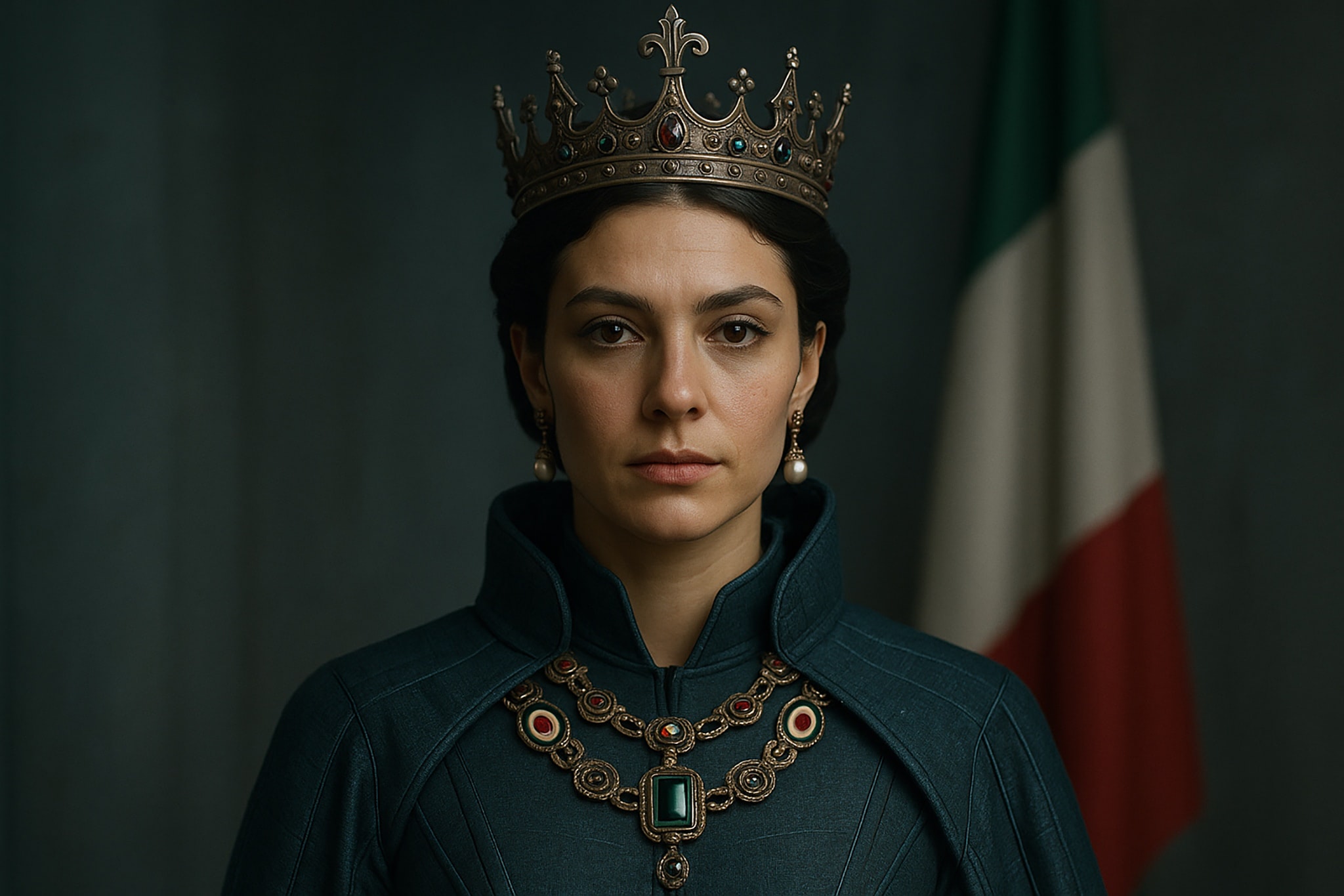 Portrait of a woman wearing a crown, jewelry and a teal coat, Italian flag in background.