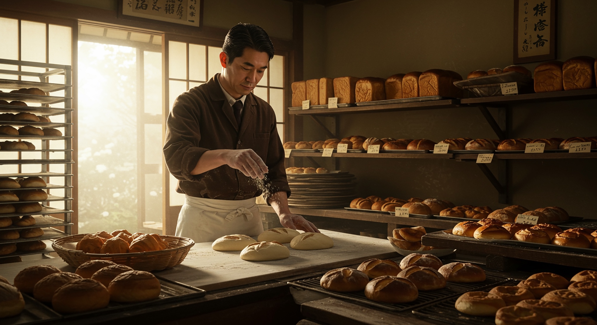 Baker in a Japanese bakery adding flour to bread loaves, surrounded by shelves of bread.
