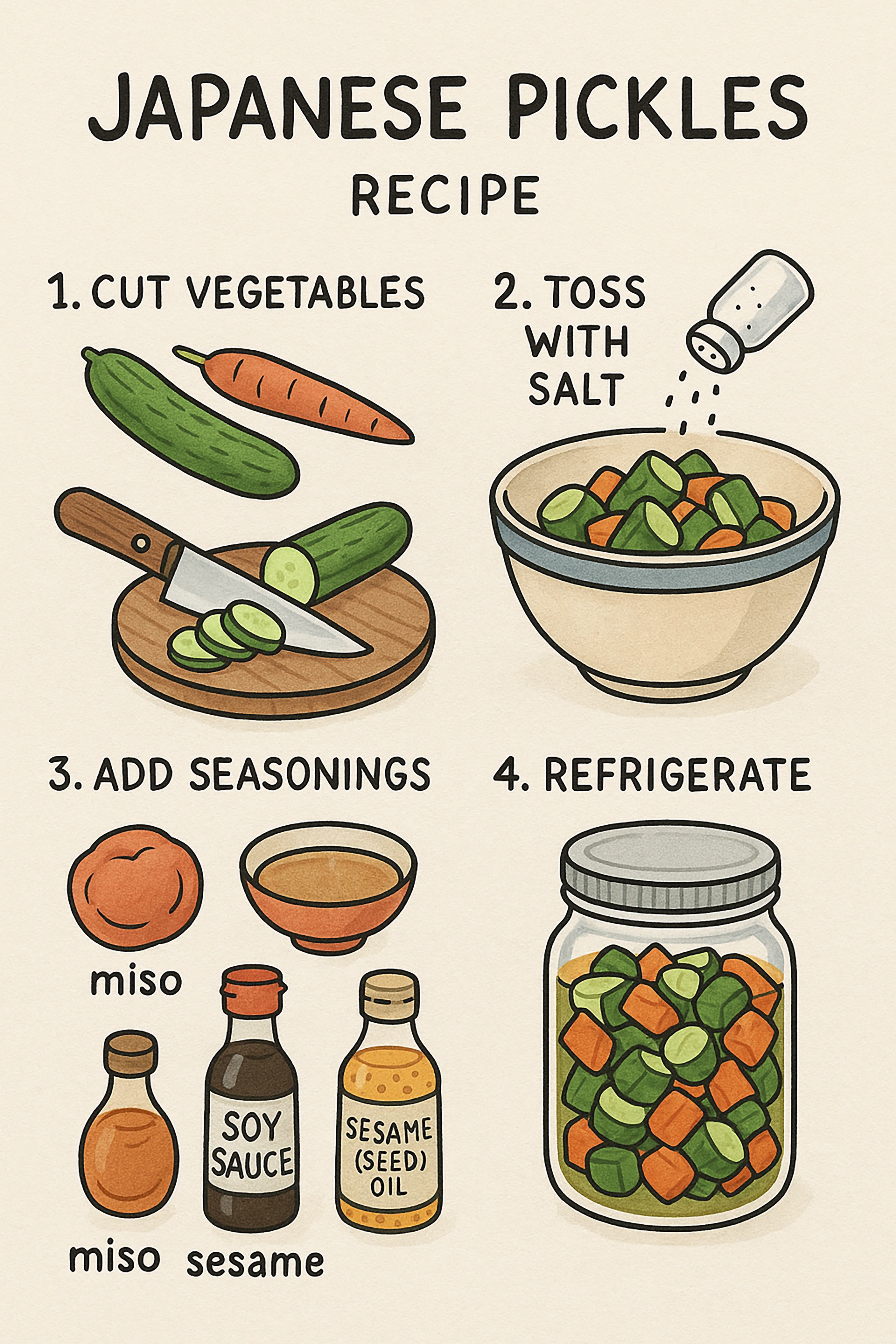 Illustrated guide to Japanese pickle recipe: vegetables cut, salted, seasoned, and refrigerated.