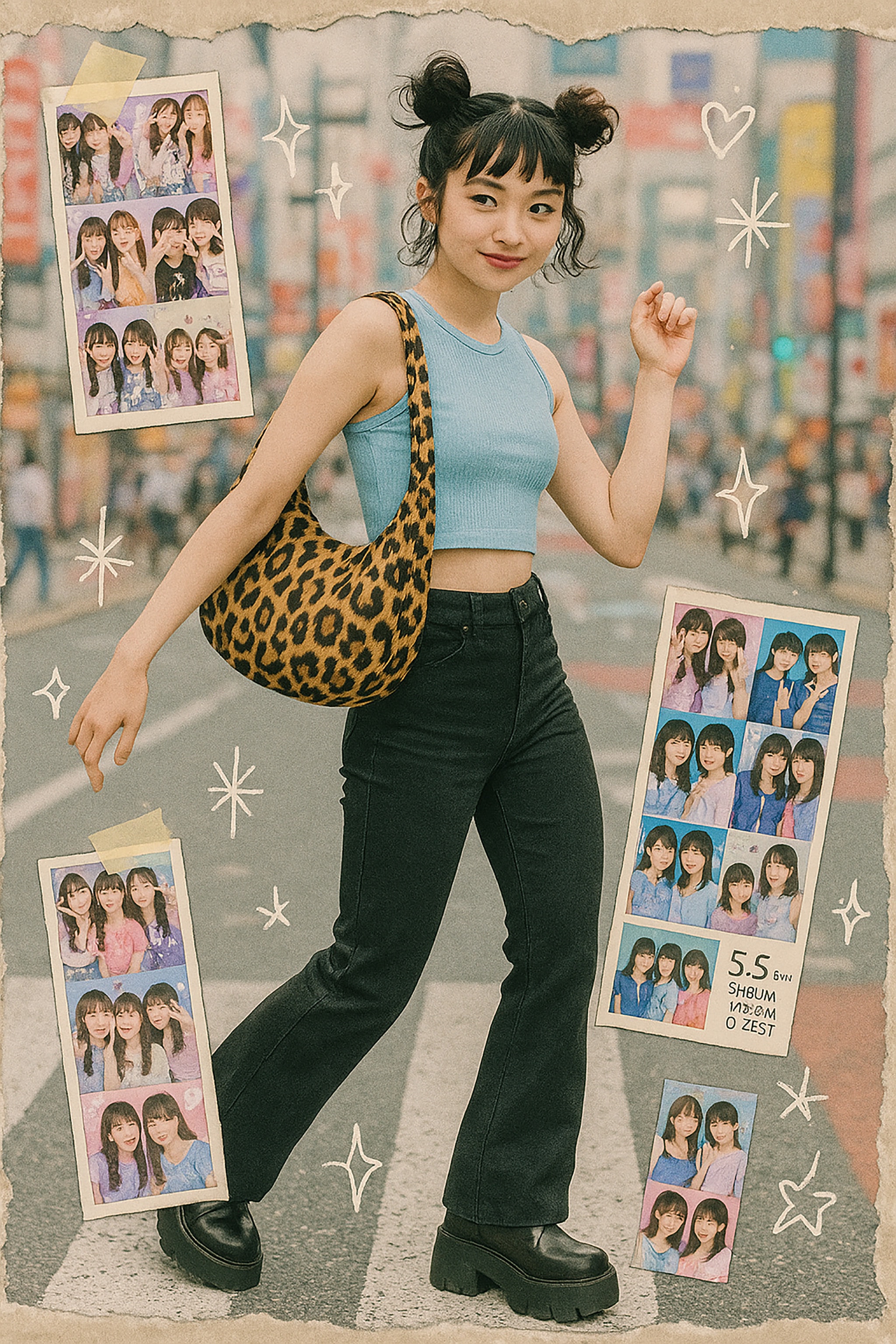 Young woman in street style, blue top, black pants, leopard bag, photo strips.