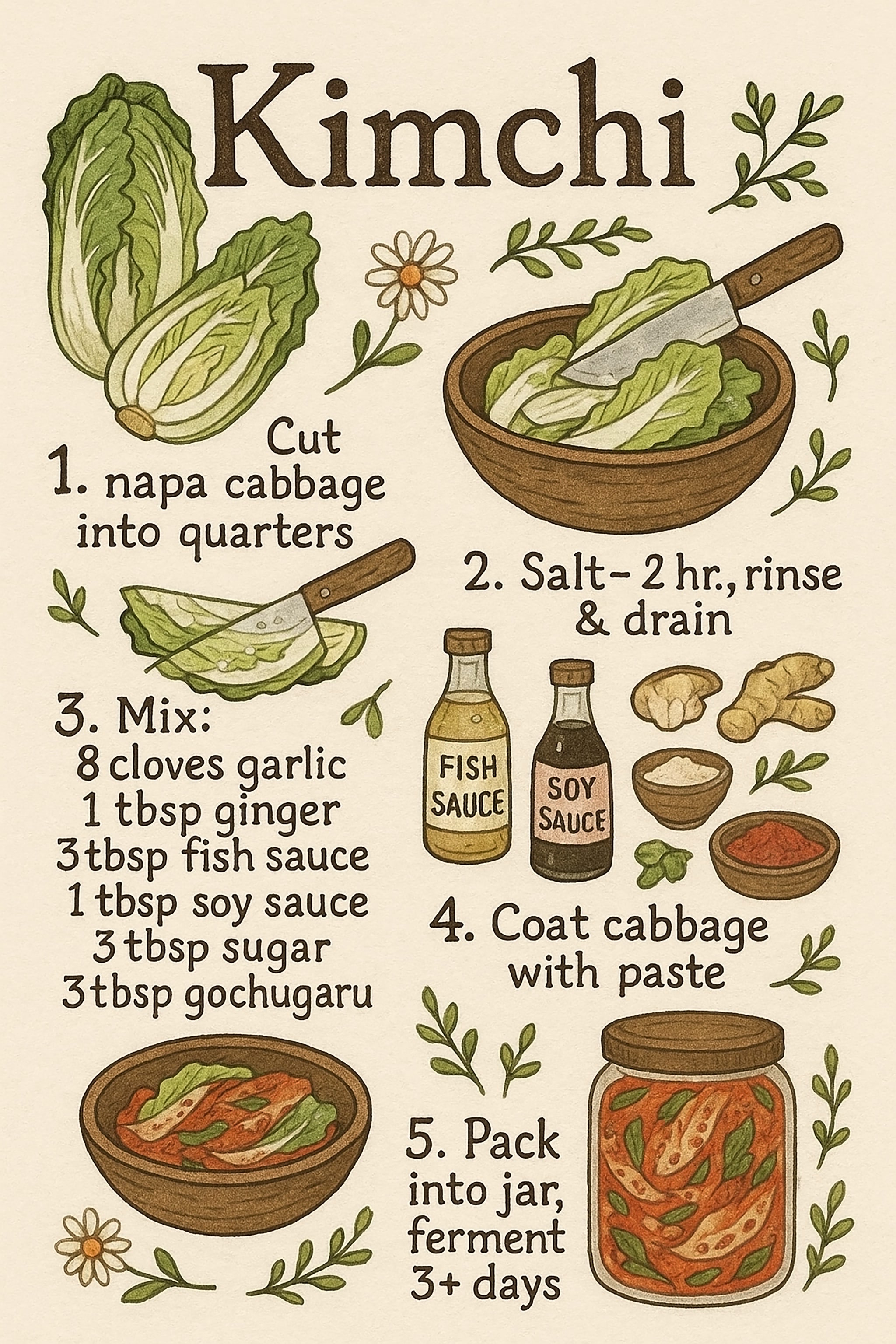 Illustrated steps for making kimchi: cut, salt, mix ingredients, coat cabbage, and ferment.
