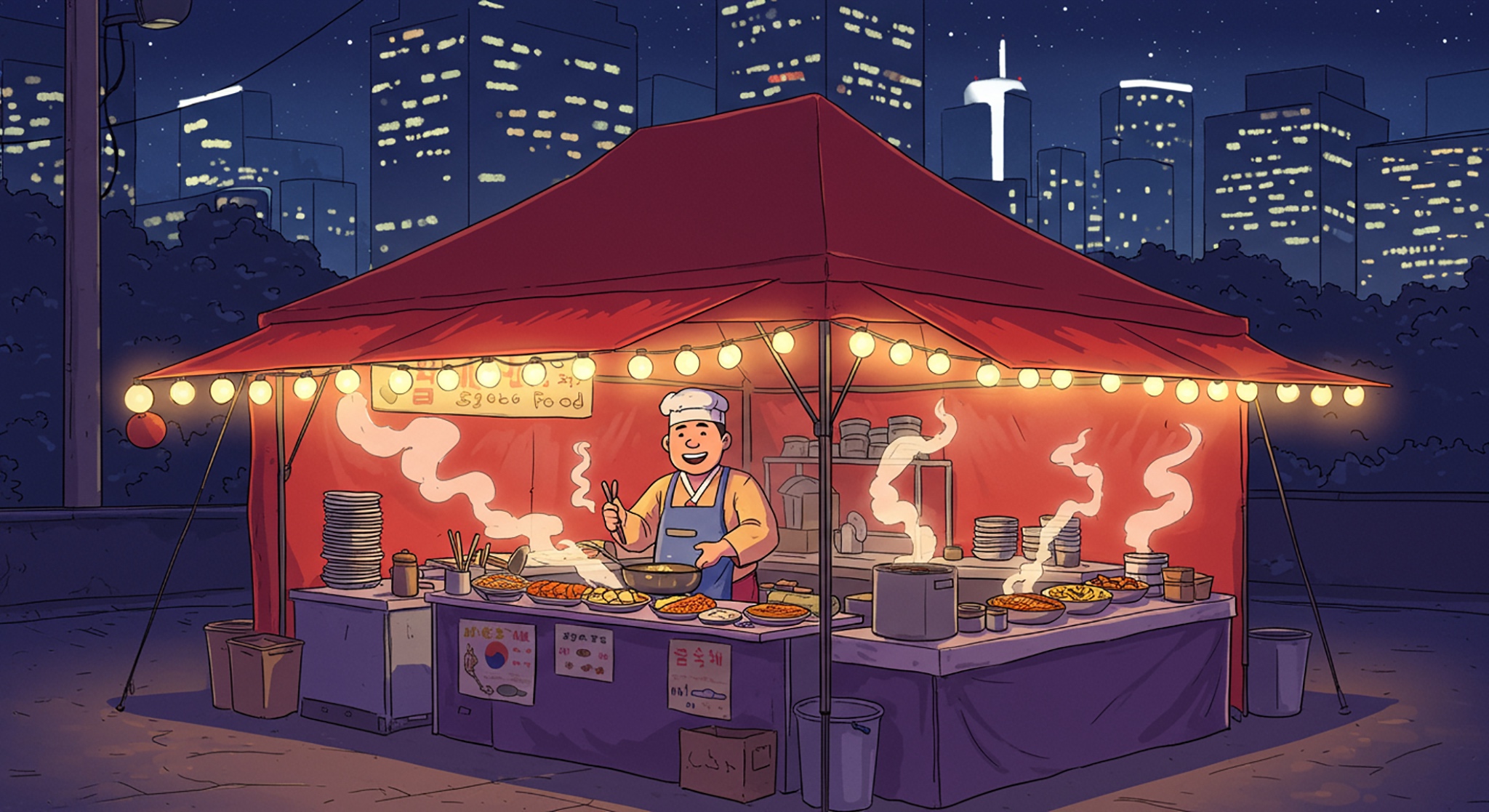 Cartoon of a Korean street food stall at night, with a cook and city skyline in background.